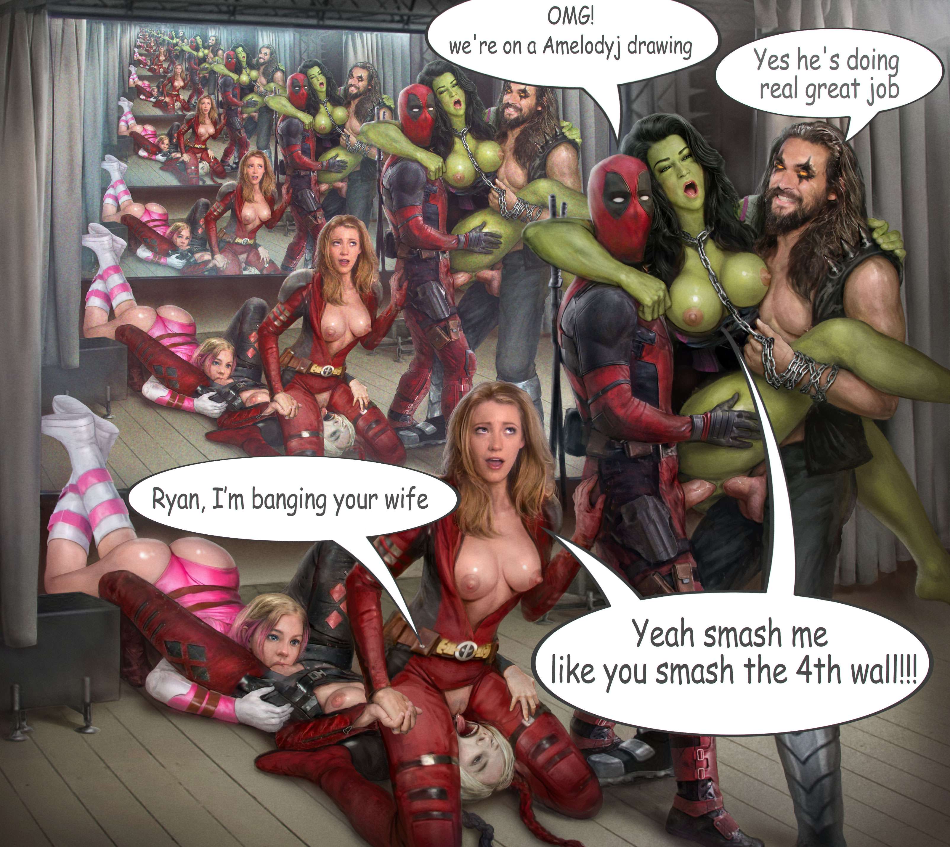 2boys, 4girls, amelodyj, anal, anal sex, blake lively, breaking the fourth wall, chain leash, crossover, cunnilingus, dc, dc comics, dceu, deadpool, deadpool (film), deadpool & wolverine (2024), double penetration, eating pussy, female, female/female, fff threesome, gangbang, gwenpool, harley quinn, harley quinn (margot robbie), holding partner, jason momoa, jennifer walters, lady deadpool, lesbian sex, licking, licking pussy, lobo (dc), lying on back, lying on ground, male, male/female, margot robbie, marvel, marvel cinematic universe, marvel comics, masculine, mcu, mirror, mirror reflection, mise en abyme, mmf threesome, multiple boys, multiple females, multiple girls, multiple males, orgasm, orgasm face, orgy, pussy, ryan reynolds, she-hulk, she-hulk: attorney at law, standing sex, text bubble, the suicide squad, threesome, tongue, vagina, vaginal penetration, vaginal sex, wade wilson, wanda wilson, yuri
