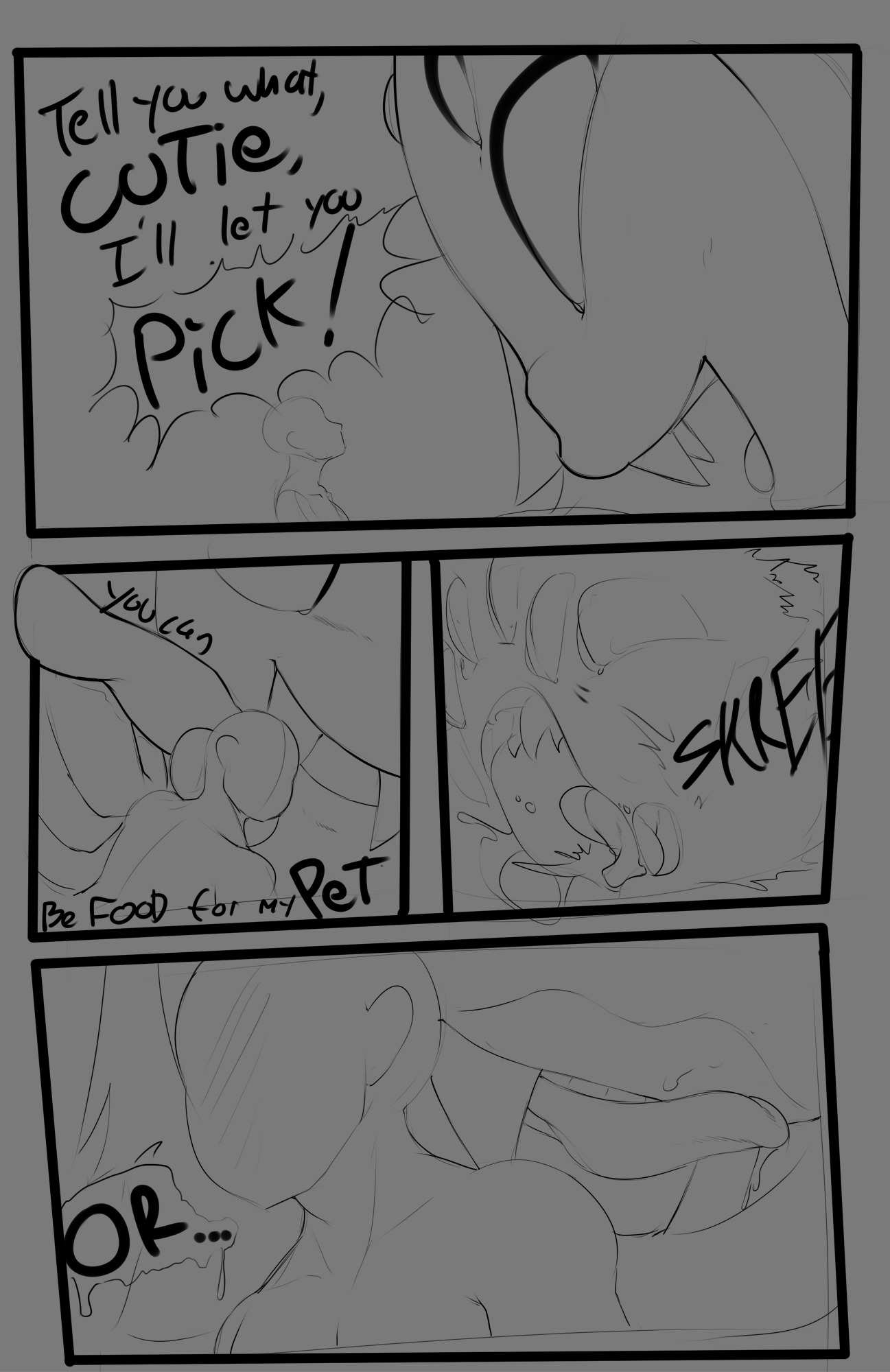 1boy, 1girls, anthro pred, comic, fatal vore, female, female pred, giantess, human prey, male, male prey, muffet, oral vore, tagme, theboogie, undertale, undertale (series), unwilling prey, vore
