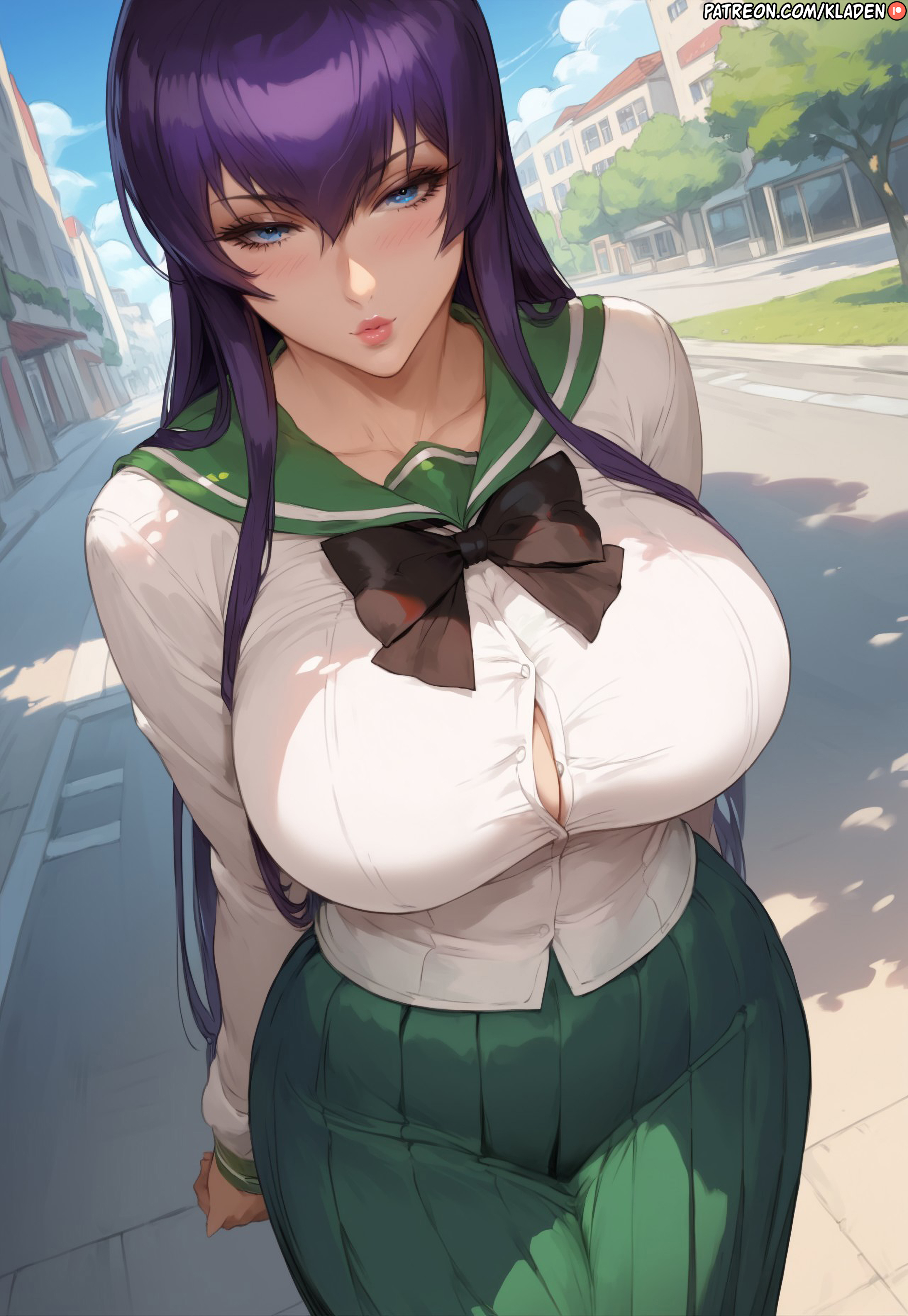 1girls, ai generated, asian, asian female, ass, ass bigger than head, bangs, big ass, big breasts, big butt, big hips, big thighs, bimbo, bimbo body, blue eyes, blush, breast focus, breasts, breasts bigger than head, busty, busujima saeko, child bearing hips, closed mouth, clothing, collarbone, curvaceous, curvy body, curvy female, curvy figure, curvy hips, eyelashes, fat ass, female, female only, fit, fit female, front view, full body, giant breasts, hair between eyes, highschool of the dead, hips, hourglass figure, huge breasts, huge thighs, indoors, inviting, kladen, kladenart, large ass, large breasts, large butt, large thighs, light skin, light-skinned female, lipstick, long hair, looking at viewer, mature, mature female, milf, mommy, no sex, outdoors, pale skin, pale-skinned female, parted lips, presenting, presenting breasts, purple hair, ribbon, round ass, round breasts, saeko busujima, school uniform, schoolgirl, seductive, seductive eyes, seductive look, seductive pose, shiny skin, shirt, skimpy, skimpy clothes, skimpy outfit, skin tight, skindentation, skirt, solo, solo female, solo focus, stable diffusion, standing, student, teenage female, teenager, thick, thick ass, thick hips, thick thighs, tight clothing, tight fit, uniform, voluptuous, voluptuous female, voluptuous teenager, wide ass, wide hips, wide thighs