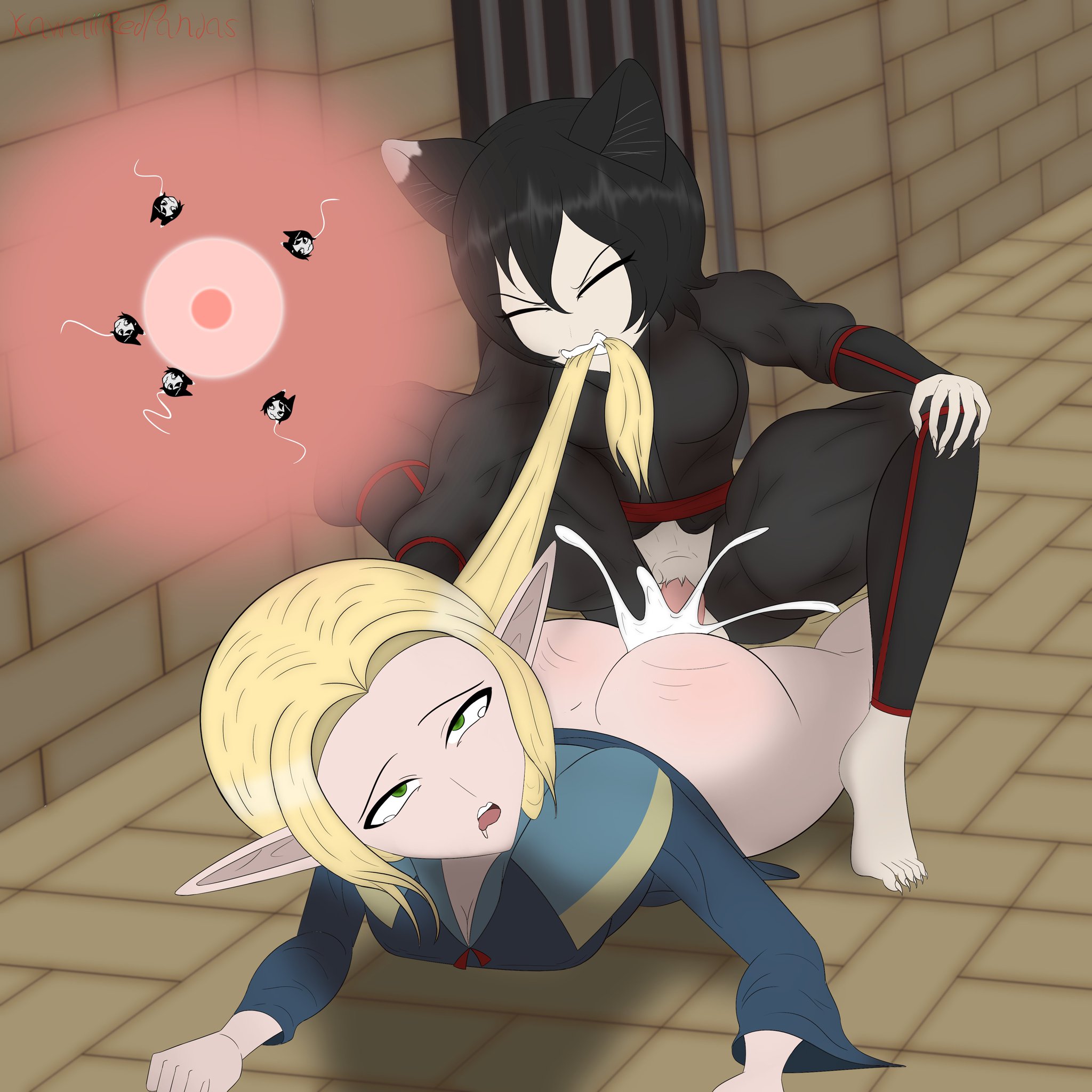 1futa, 1girls, animal genitalia, animal penis, ass clapping, ass shake, balls, big balls, big penis, biting, biting hair, black hair, blonde female, blonde hair, breasts, cat ears, cat girl, cat tail, catgirl, clawed fingers, claws, cum in pussy, drooling, dungeon, dungeon meshi, elf, elf ears, elf female, elf girl, erect penis, erection, fair skin, fangs, female, fur, futa on female, futanari, green eyes, hair bite, huge cock, impregnation, intersex, izutsumi, kawaiiredpandas, mage, marcille donato, medium breasts, ninja, on stomach, on top, open mouth, orgasm, orgasm face, ovum, penetration, penis, pussy, rape, raped, raped by futa, raped female, robe, robes, sex, sperm cell, sperm cell with face, sperm meets ovum, stone floor, stone wall, thick thighs, vaginal penetration, yellow eyes