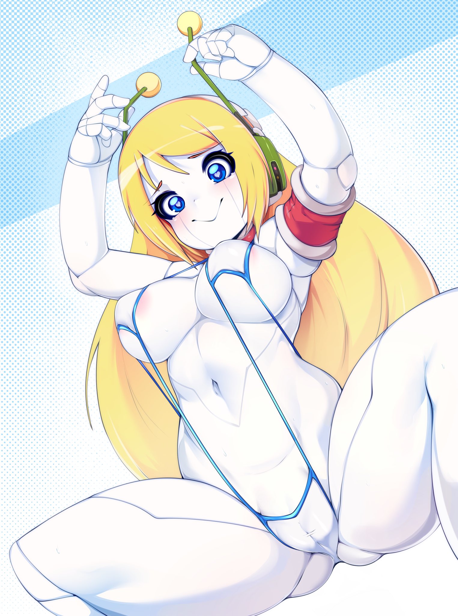 1girls, android, areola slip, areolae, armband, bangs, belly, belly button, big breasts, bikini, blonde hair, blue eyes, blush, breasts, cameltoe, cave story, closed mouth, curly brace, doukutsu monogatari, female, female only, groin, headgear, heart, heart-shaped pupils, high resolution, highleg, large breasts, long hair, looking at viewer, navel, one-piece swimsuit, partially visible vulva, pussy, robot, robot ears, robot joints, shiny, shiny hair, shiny skin, sideboob, sidelocks, sling bikini, slugbox, smile, solo, spread legs, strap gap, string bikini, swimsuit, symbol-shaped pupils, thick thighs, thighs, underboob, white background, white swimsuit, wide hips