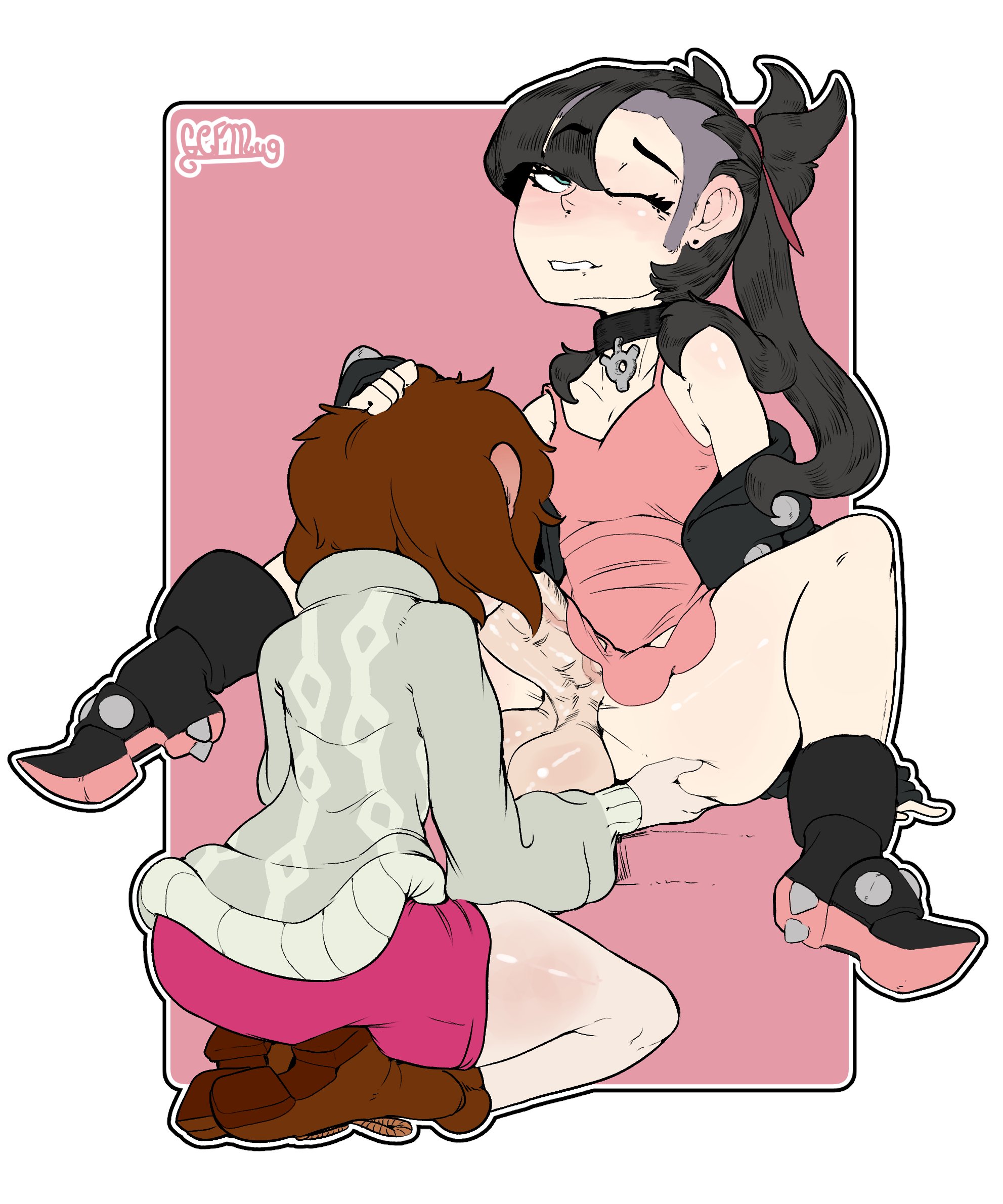1dickgirl, 1futa, 1girls, 2women, ahe gao, armpits, ass, ass grab, balls, black hair, blowjob, blue eyes, blush, breasts, brown hair, choker, clothed, clothes, dickgirl, dress, earrings, fellatio, female, female protagonist, futa on female, futanari, gcfmug, gloria (pokemon), hair grab, hair over one eye, half-closed eyes, head grab, holding, huge cock, human, intersex, jacket, large balls, large penis, large testicles, long penis, marnie (pokemon), nintendo, oral, oral penetration, oral sex, penis, pink background, pokemon, pokemon ss, rolling eyes, shirt, shoes, sitting, skirt, small breasts, spread legs, spreading, testicles, text, thick penis, thick thighs, veins, watermark, white border, wide hips