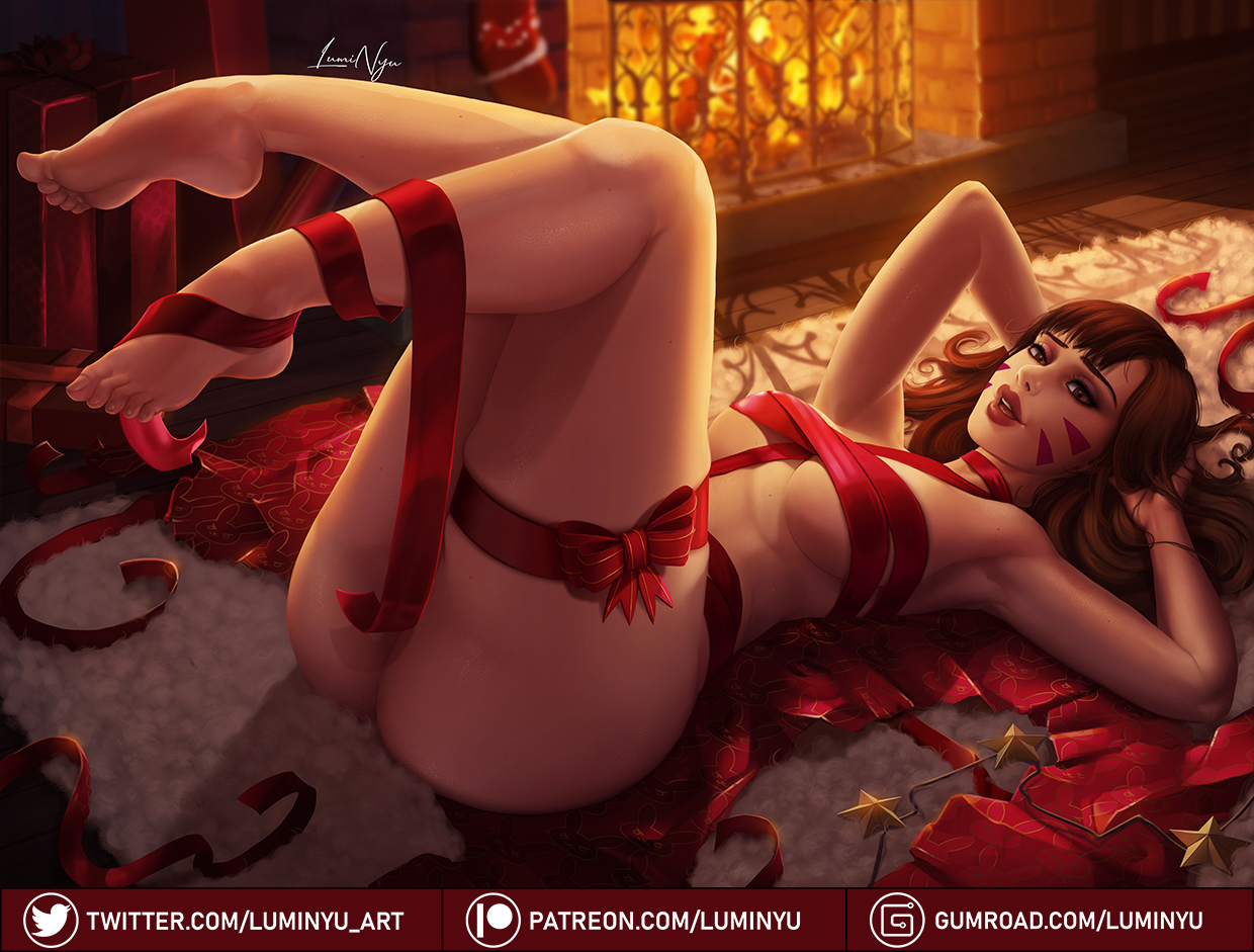 1girls, 2019, armpits, arms, arms behind head, ass, barefoot, big ass, big butt, blizzard entertainment, breasts, brown eyes, brown hair, christmas, curvaceous, curvy, cute, d.va, feet, female, female focus, female only, fireplace, gift, gift wrapped, indoors, looking at viewer, luminyu, lying, lying down, lying on back, medium breasts, naked ribbon, open mouth, overwatch, pinup, ribbon, small breasts, soles, solo, solo focus, tattoo, thick thighs, thighs, underboob, voluptuous