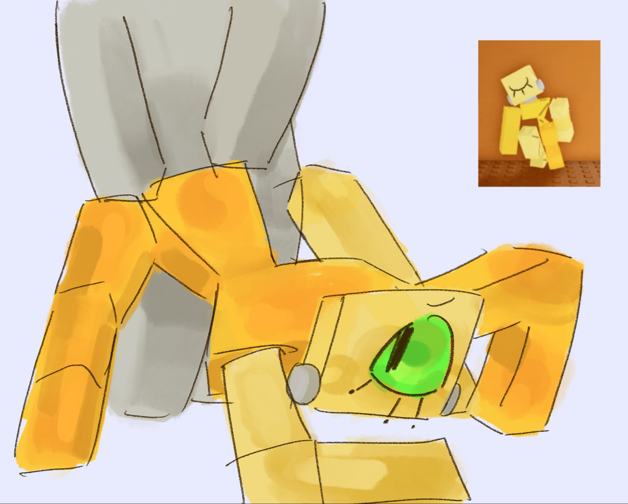 1 eye, 1boy, 1girls, bent over, blocky body, die of death (roblox), female, green eyes, grey skin, harken (die of death), male, penetration, reference image, roblox, roblox game, robloxian, rrresna, sex, tagme, yellow body, yellow skin