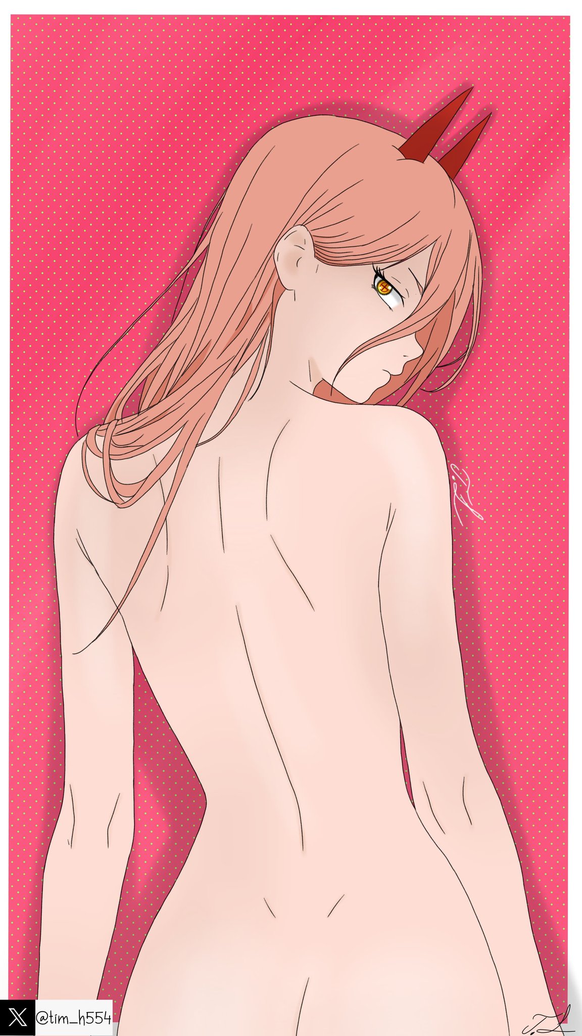 1girls, ass cleavage, background, chainsaw man, completely nude, completely nude female, cross eyes, demon, demon girl, demon horns, female, female focus, female only, from behind, horns, light pink hair, looking back, naked, naked female, nude, nude female, pink background, power (chainsaw man), signature, solo, solo female, tagme, tim heyderich, tomboy, twitter username