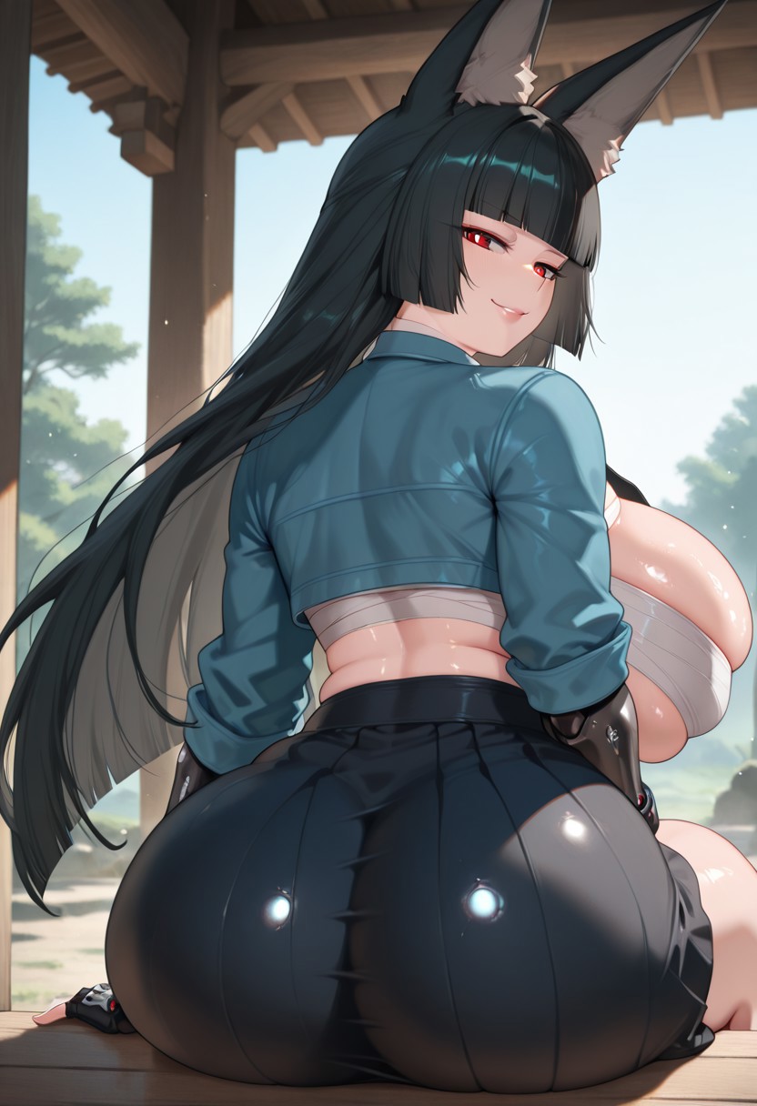 1girls, 2025, ai generated, alternate breast size, alternate version available, animal ear fluff, animal ears, ass, breasts, female, hoshimi miyabi, huge breasts, linata, looking at viewer, red eyes, side view, sideboob, sidelocks, sitting, solo, steaming body, sweat, sweatdrop, sweaty, zenless zone zero