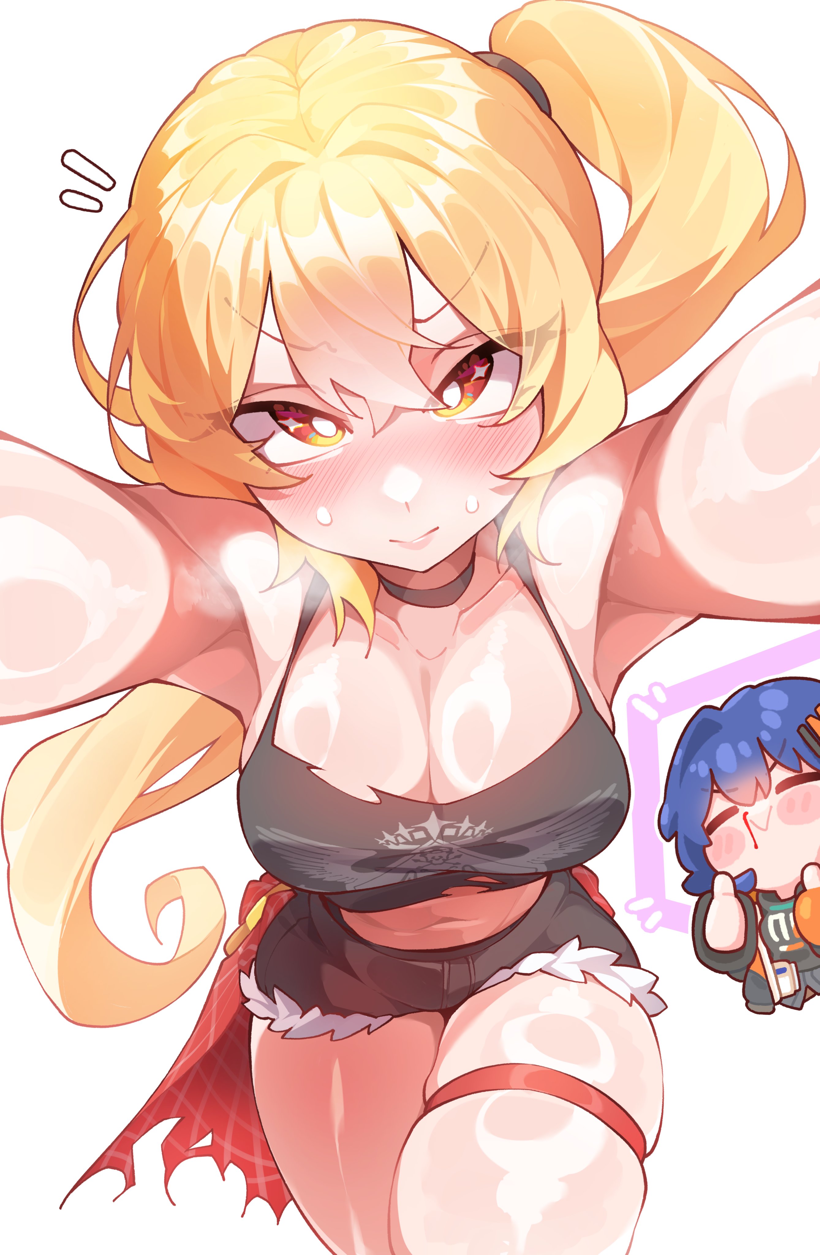 2girls, artist request, belle (zenless zone zero), breasts, cleavage, embarrassed, female, female focus, female only, large breasts, light skin, light-skinned female, looking at viewer, luciana de montefio, nosebleed, orcavice, thick thighs, thighs, white background, wide hips, zenless zone zero