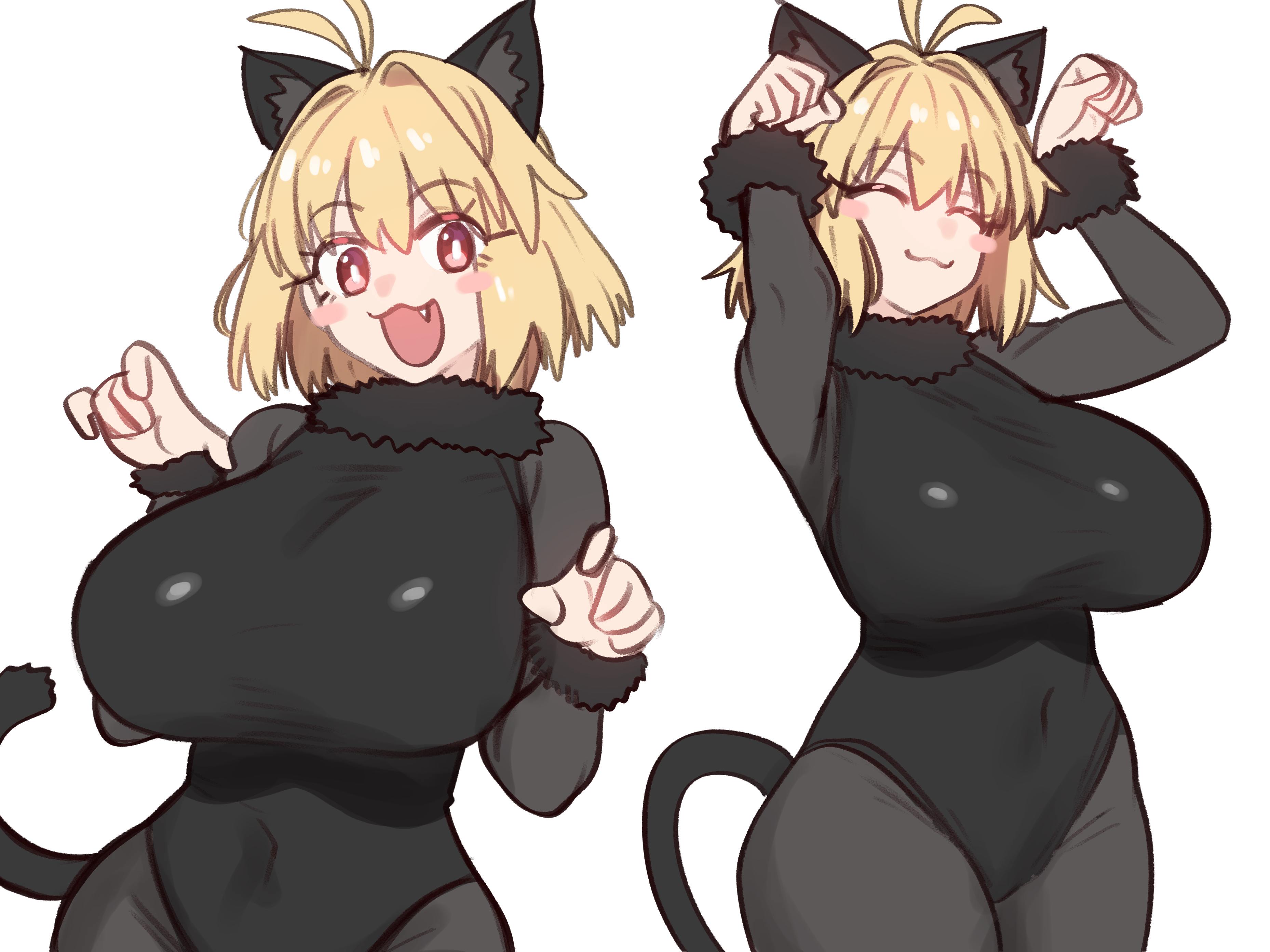 :3, absurdres, animal ear fluff, animal ears, antenna hair, arcueid brunestud, arcueid brunestud (monster cat), black leotard, blonde hair, blush, blush stickers, bodystocking, breasts, bright pupils, cat ears, cat tail, closed eyes, closed mouth, covered navel, cute fang, ebora, eyelashes, female, fur collar, hair between eyes, hands up, highres, huge breasts, kagetsu tooya, leotard, long eyelashes, looking at viewer, multiple views, non-web source, oerba yun fang, open mouth, pantyhose, red eyes, short hair, simple background, smile, tail, tsukihime, type-moon, white background, white pupils