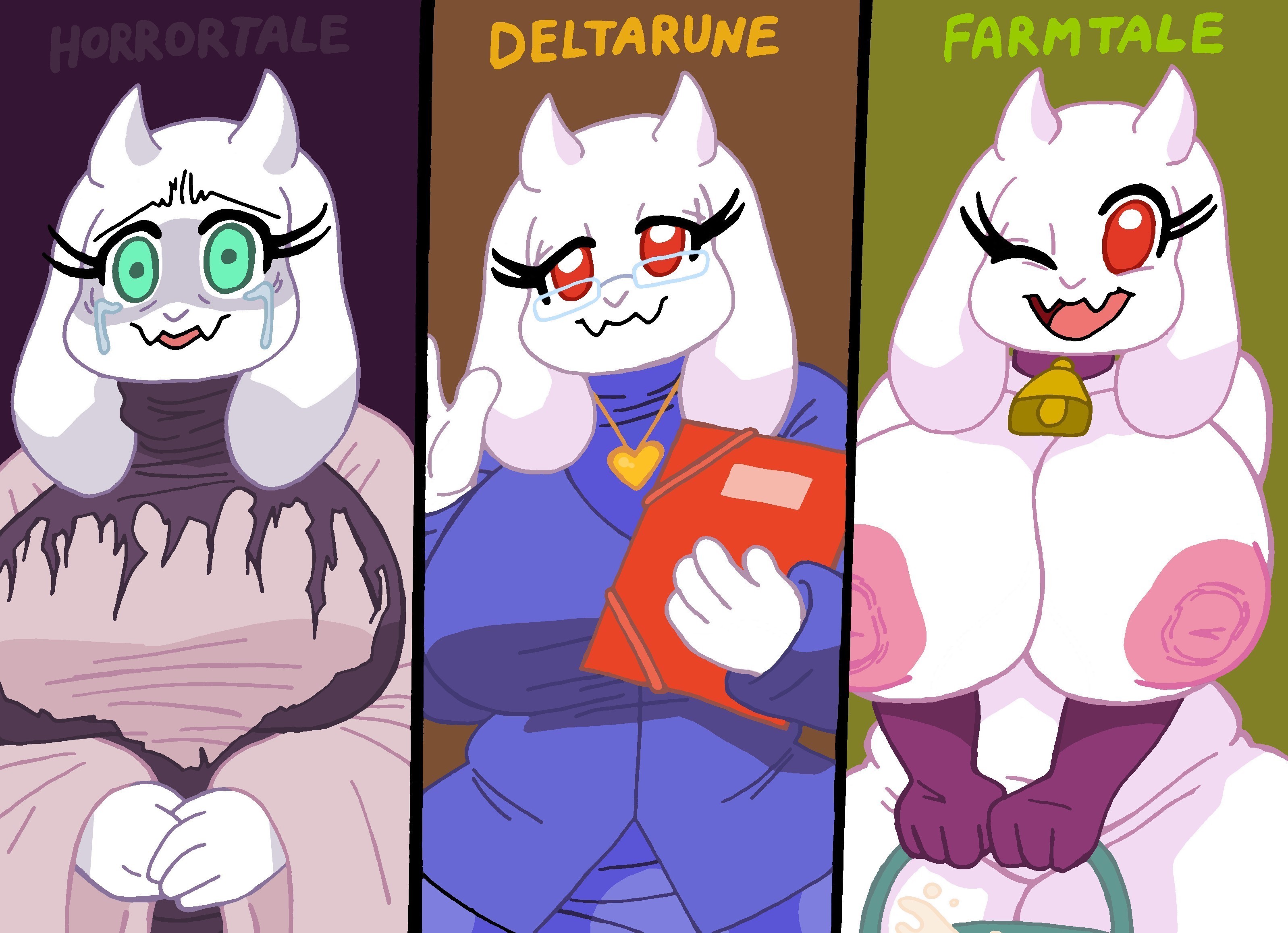 3girls, belly, big breasts, breasts, chubby, clothed, curvy, deltarune, dress, farmtale, female, female only, horrortale, milf, milk, nipples, noursteddy, toriel, toriel (deltarune), toriel (horrortale), undertale, undertale (series)