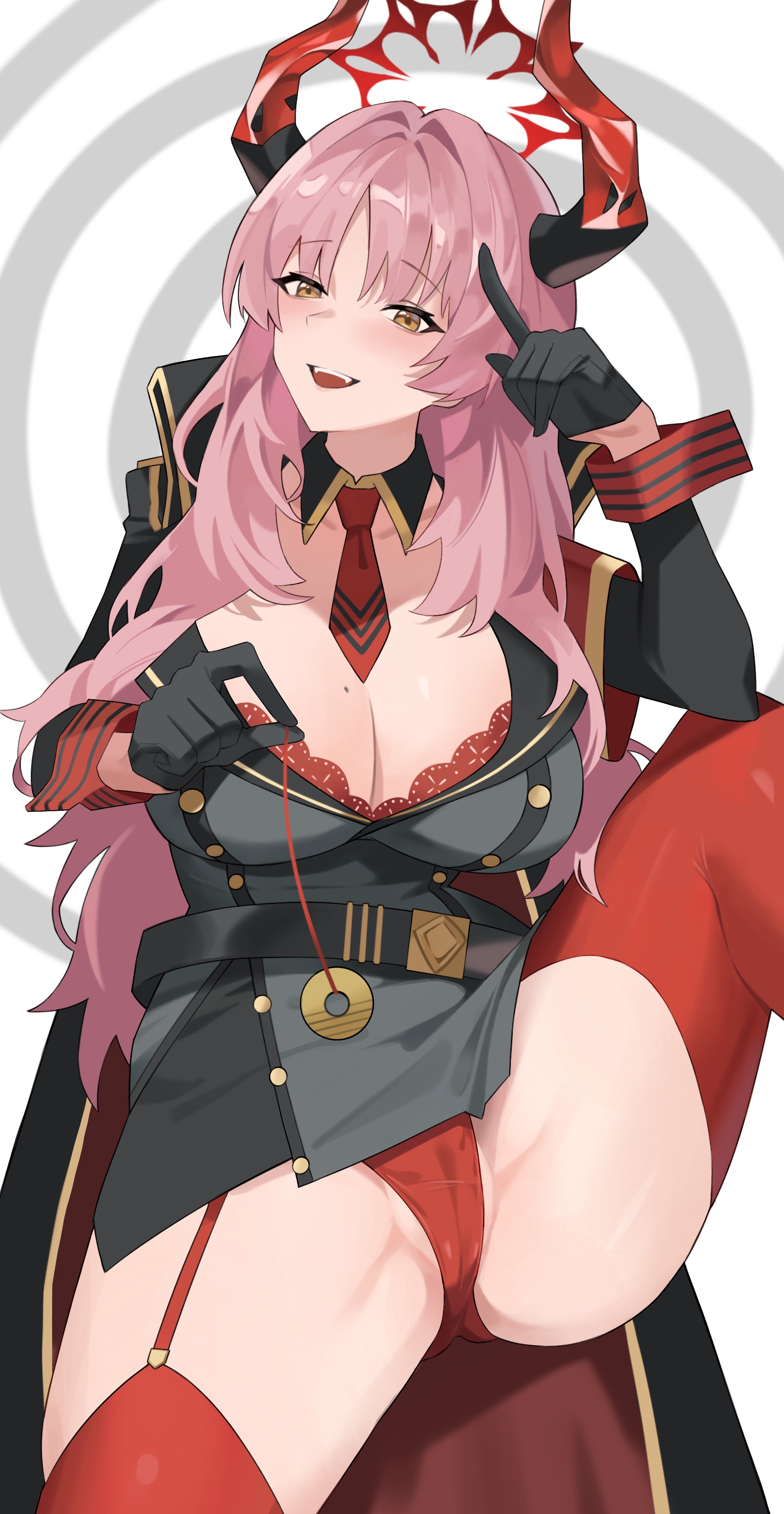 1girls, big breasts, blue archive, blushing, bra, bra peek, breasts, female, fromgod jungle, gehenna academy student, gloves, halo, highres, horns, huge breasts, hypnosis, long hair, pandemonium society (blue archive), panties, pink hair, red bra, red panties, satsuki (blue archive), sharp teeth, solo, solo female, thigh highs, thighhighs, underwear, video game character, yellow eyes