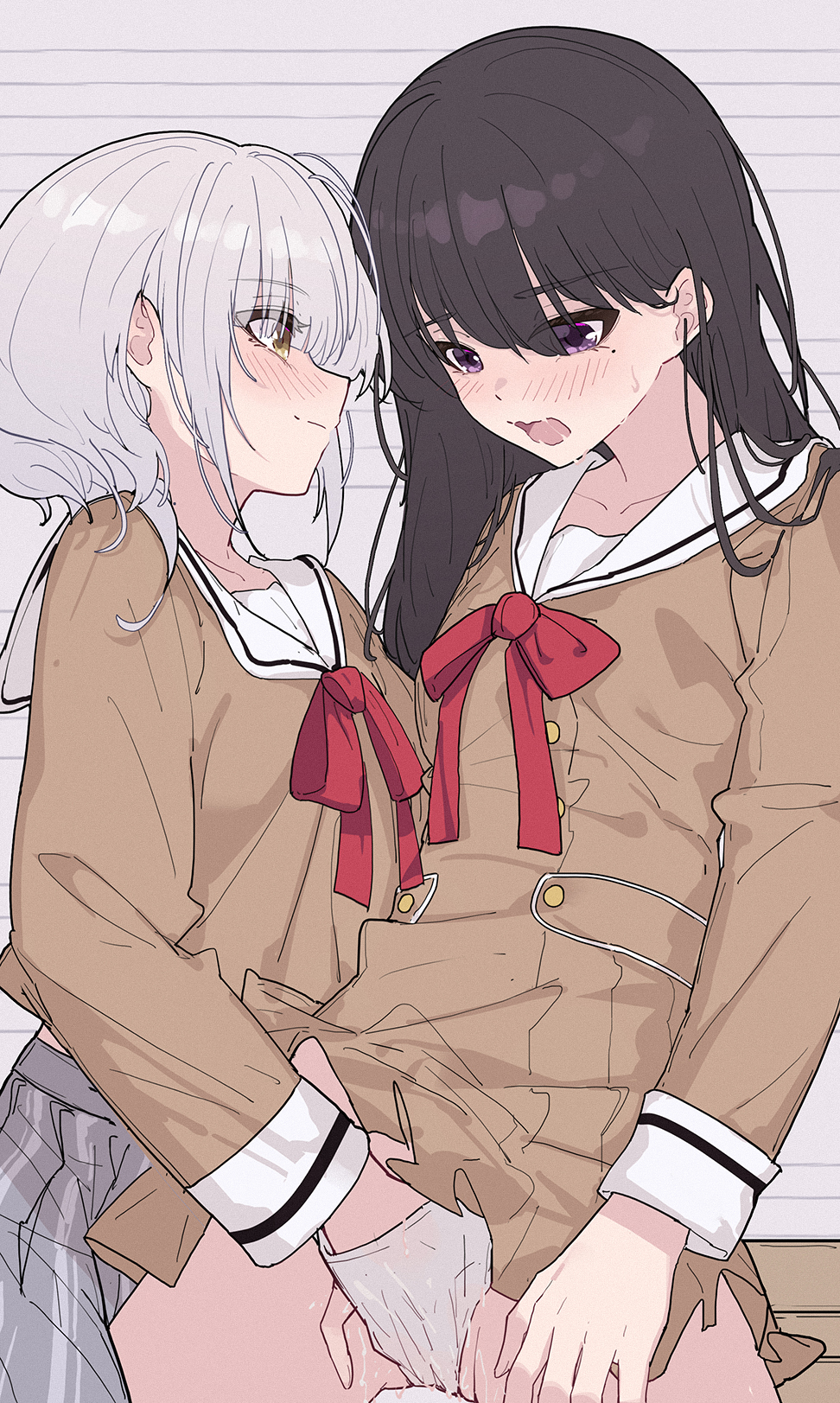 2girls bang_dream! bang_dream!_it's_mygo!!!!! black_hair blush brown_dress chinese_commentary commentary_request dress female fingering grey_skirt hand_in_another's_panties highres kaname_raana long_hair long_sleeves medium_hair mole mole_under_eye multiple_girls neck_ribbon open_mouth panties pleated_skirt purple_eyes pussy_juice red_ribbon ribbon sailor_collar sailor_dress saliva school_uniform serafuku shiina_taki shirt skirt underwear white_hair white_panties white_sailor_collar yun_cao_bing yuri