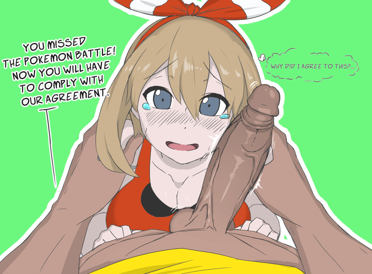 1boy, 1girls, alternate breast size, blonde hair, blue eyes, breasts, cleavage, clothed, colored, dark skin, dark-skinned male, edited, erection, eye contact, female, huge breasts, human, human only, interracial, large penis, looking at viewer, male, maruzyrukun, may (pokemon oras), may (pokemon), nintendo, penis, penis on face, pokemon, pokemon oras, pov, tears, text, veins