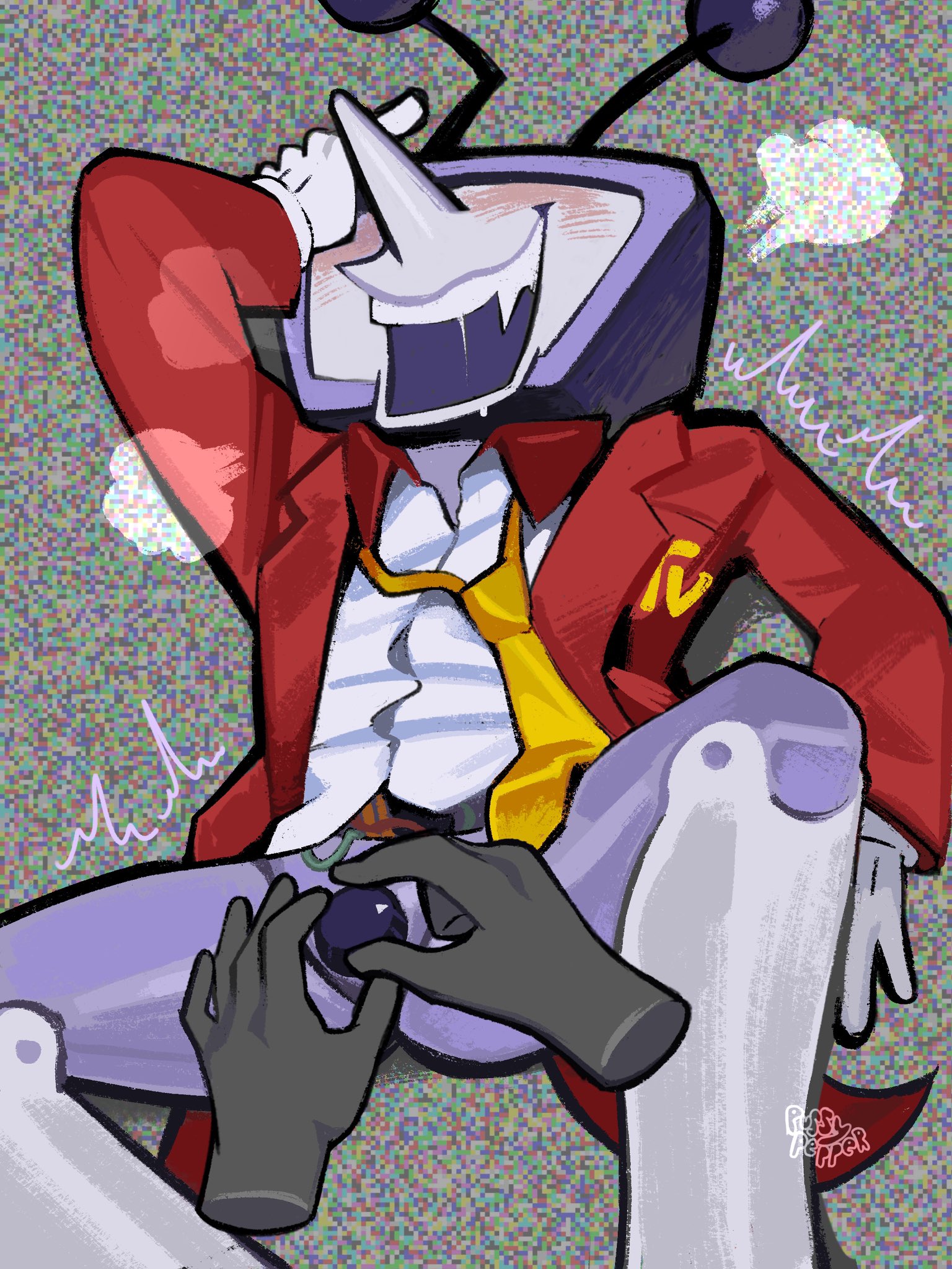 1boy, deltarune, deltarune chapter 3, male, panting, pussypepper, robot, robot boy, robot joints, screen face, solo focus, solo male, suit and tie, suit jacket, tenna (deltarune), trembling, tv head, visible breath