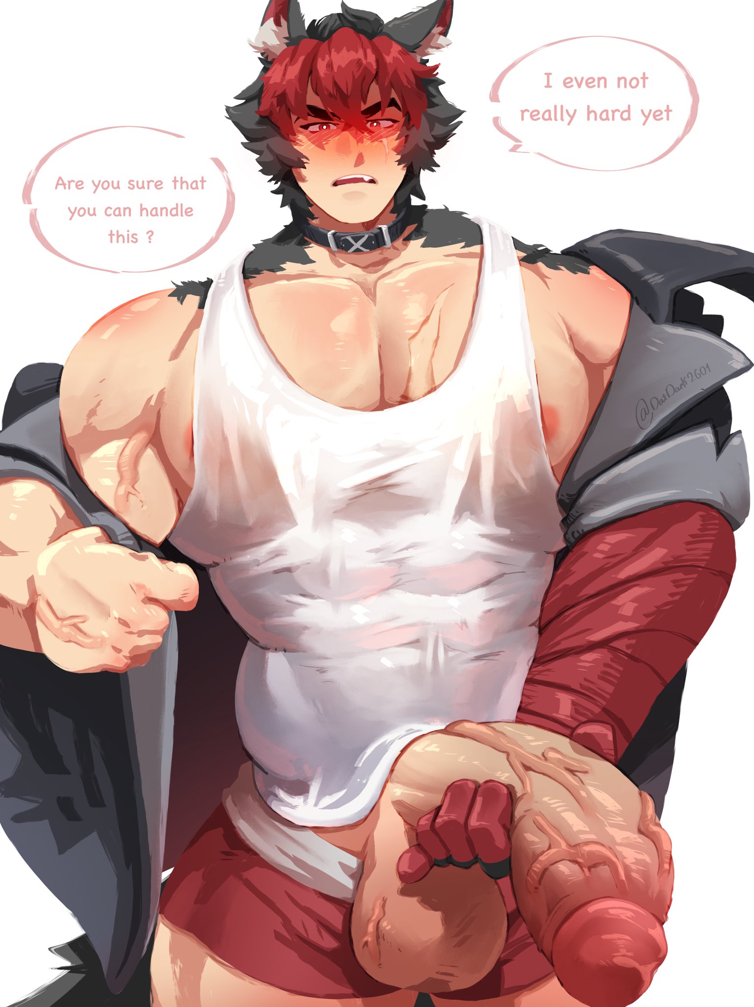 1boy, 1male, abs, animal ears, balls, bandaged arm, bandages, bara, beige penis, big pecs, big penis, black hair, black-haired male, blush, blush lines, blushing, blushing male, breasts, choker, clothed, clothing, dat dark, datdark, datdark2601, dilf, english, english dialogue, english text, erect penis, flaccid, flaccid penis, gay, hairy shoulders, half-erect, holding own penis, holding penis, huge cock, humanoid genitalia, humanoid penis, hunk, kemono, kemonomimi, komano manato, large penis, male, male focus, male only, massive penis, muscles, muscular, muscular male, nipples, okamimimi, pecs, penis, penis out, penis out of pants, penis out of shorts, penis out of underwear, pink nipples, red glans, red hair, red penis tip, red shorts, red-haired male, scar, scar across breast, scar on chest, see-through, see-through clothing, see-through shirt, see-through tank top, see-through top, shoulder hair, solo, solo focus, solo male, speech bubble, tank top, tanktop, testicles, text, text bubble, thick penis, thiren, tight clothing, undressing, veiny, veiny balls, veiny muscles, veiny penis, white tank top, wolf ears, yaoi, zenless zone zero