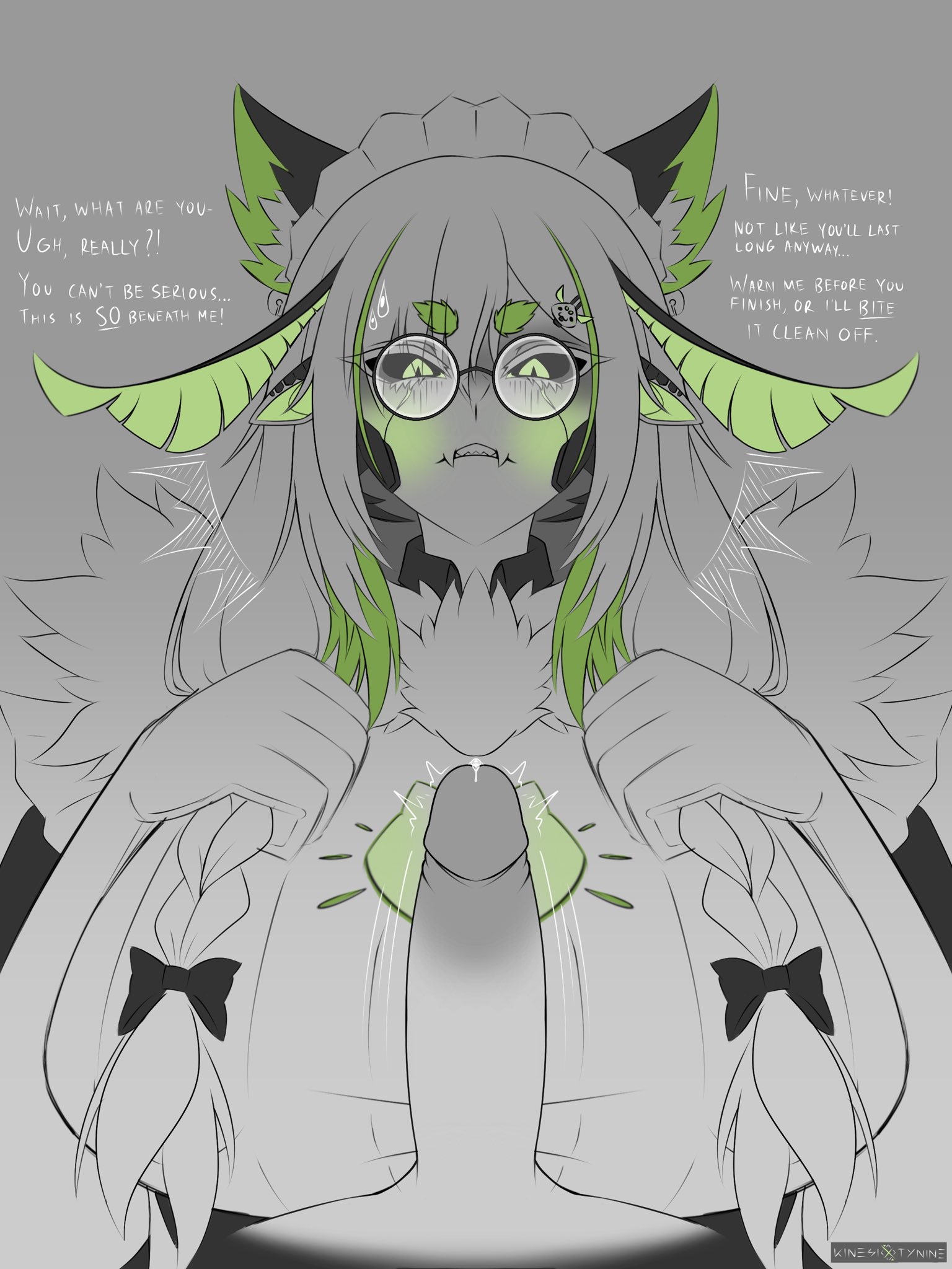 1boy, 1girls, black sclera, dialogue, english text, erection, female, female focus, green eyes, imminent paizuri, indie virtual youtuber, juniper (egocider), juniper actias, kinesixtynine, male, moth girl, partial male, penis, text, unseen male face, virtual youtuber