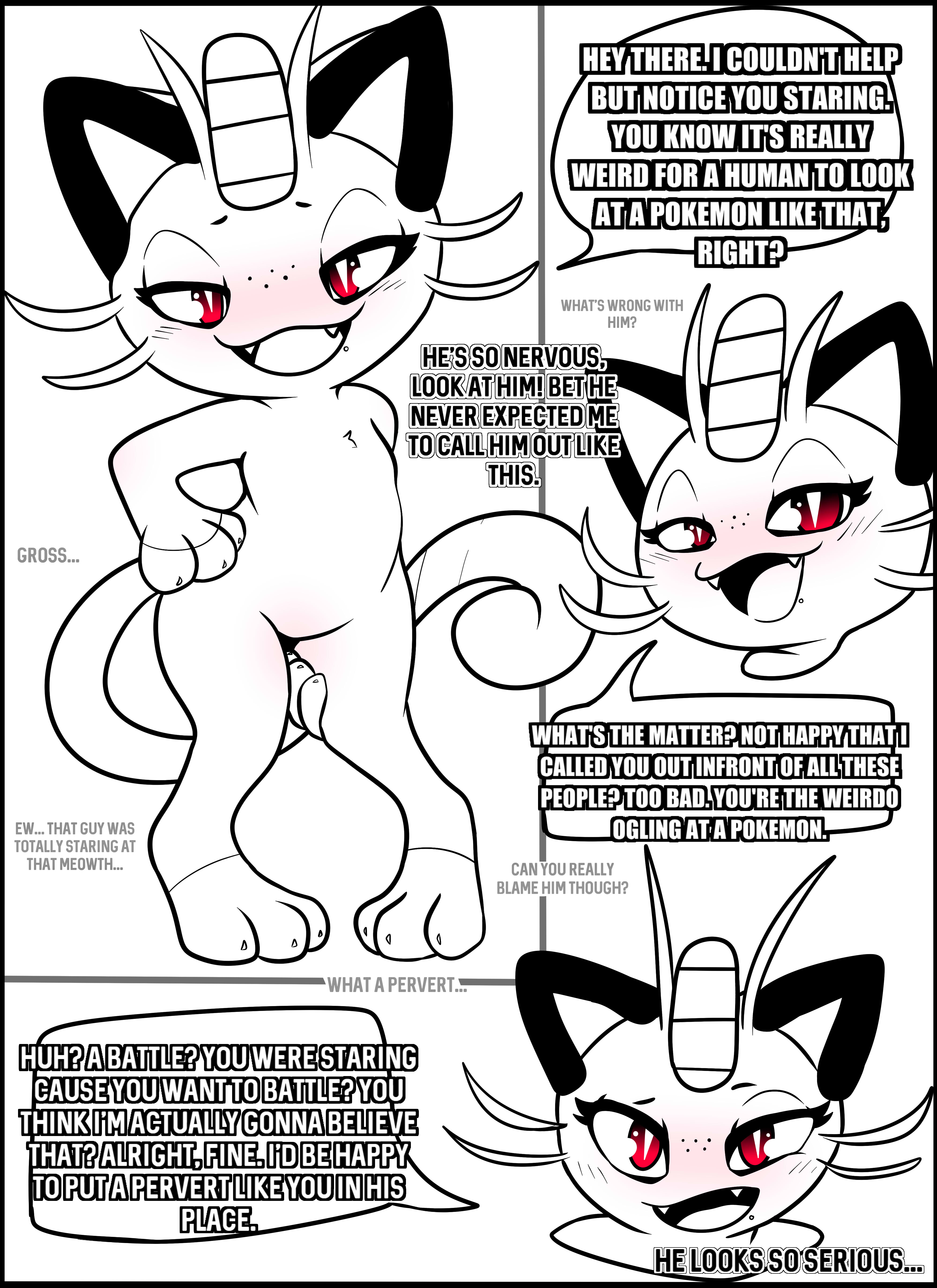 black and white, claws, comic, comic page, comic panel, fangs, female, female focus, feral, feral female, feral on human, meowth, pokemon, pokemon (species), pokephilia, public humiliation, red eyes, taunting viewer, teasing viewer, text, yttriumi2f, zoophilia