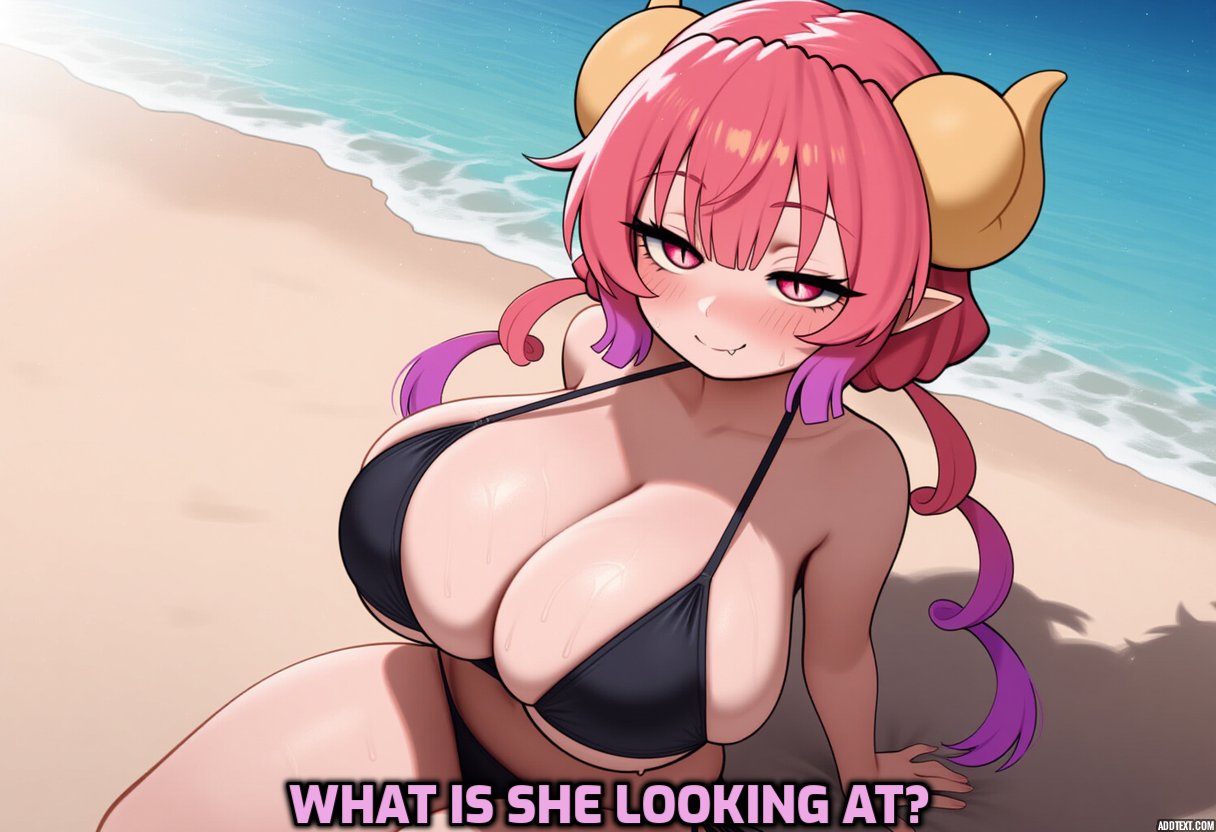 ai generated, beach, big breasts, bikini, breasts, dragon girl, female, funny, horns, ilulu (dragon maid), looking, miss kobayashi's dragon maid, orionxesy, pink hair, seductive eyes, seductive look, seductive smile, shortstack