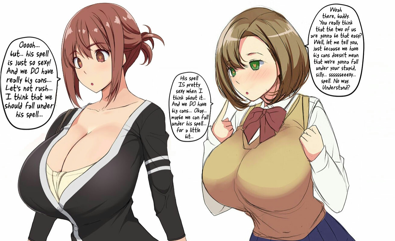 2girls, big breasts, blush, breasts, busty, cleavage, english text, female, female only, huge breasts, kloah, mind control, multiple females, multiple girls, red hair, school uniform, schoolgirl, short hair, spell, text, unbuttoned