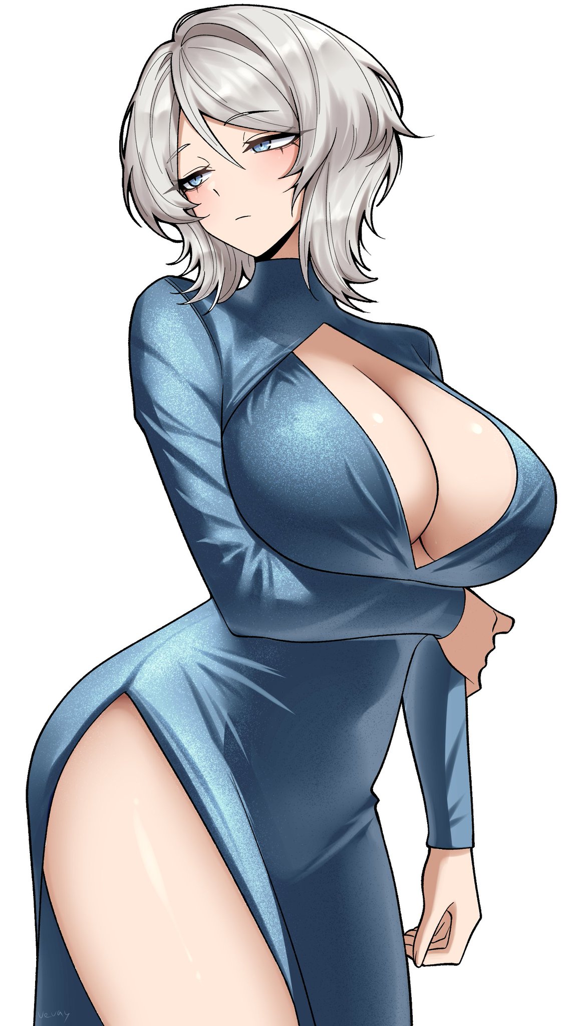 1girls, big breasts, blue dress, blue eyes, boob window, breasts, clothed female, faust (limbus company), female, grey hair, light skin, light-skinned female, limbus company, project moon, silver hair, solo, solo female, thighs, vvernerluniq, white background, white hair