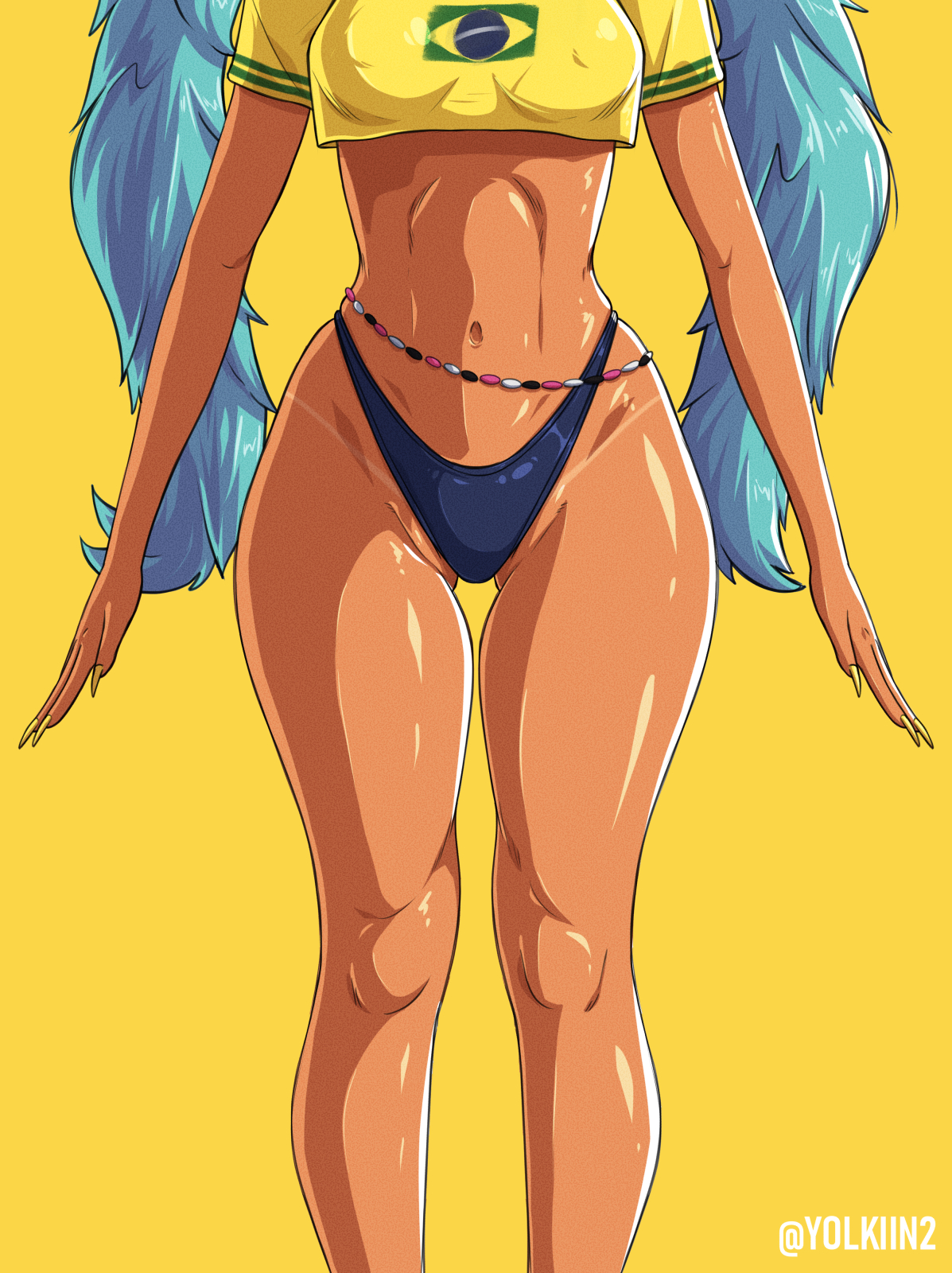 1girl, ass visible through thighs, belly chain, bikini, bikini bottom, bikini bottom only, black clothes, black panties, black underwear, blue hair, brazilian, brazilian flag, brazilian miku, breasts, clothing, covered erect nipples, covered nipples, crop top, cropped shirt, dark skin, dark-skinned female, erect nipples under clothes, female, fingernails, gluteal fold, hatsune miku, head out of frame, high resolution, highleg, highleg panties, jewelry, long hair, medium breasts, midriff, navel, panties, pantsu, shiny, shiny skin, shirt, short sleeves, simple background, solo, standing, swimsuit, tan, tanlines, tanned, thigh gap, thighs, thong, tied hair, topless, twintails, twitter username, underwear, very long hair, vocaloid, wide hips, yellow background, yellow shirt, yolkiin