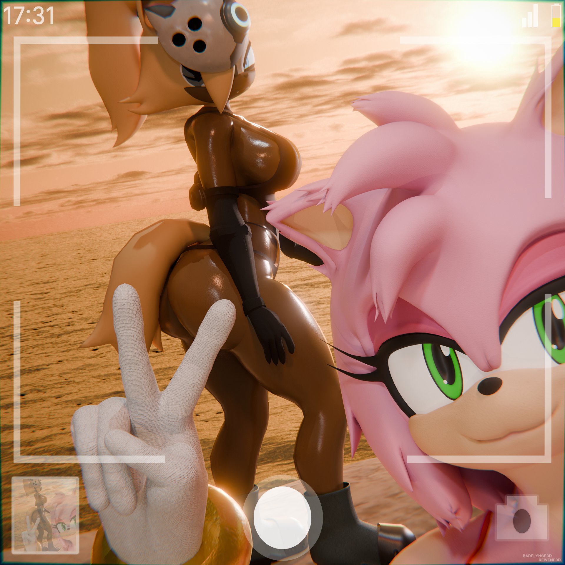 3d, 3d (artwork), 3d model, amy rose, amy rose (reivene3d), badelynge3d, beach, beach background, big boobies, big booty, big breasts, big titties, black bikini, bracelet, bracelets, bubble ass, bubble butt, busty, busty female, dark-skinned female, gloves, green eyes, hedgehog ears, hedgehog girl, hedgehog humanoid, idw publishing, large breasts, mask, masked female, pink eyeshadow, pink fur, pink hair, ponytail, red bikini, reivene3d, round ass, round butt, sega, selfie, shiny skin, sonic (series), sonic the hedgehog (idw), sonic the hedgehog (series), sunset, thick ass, thick butt, thick legs, thick thighs, thin waist, voluptuous anthro, voluptuous female, whisper the wolf, whisper the wolf (badelynge3d), wolf ears, wolf girl, wolf tail
