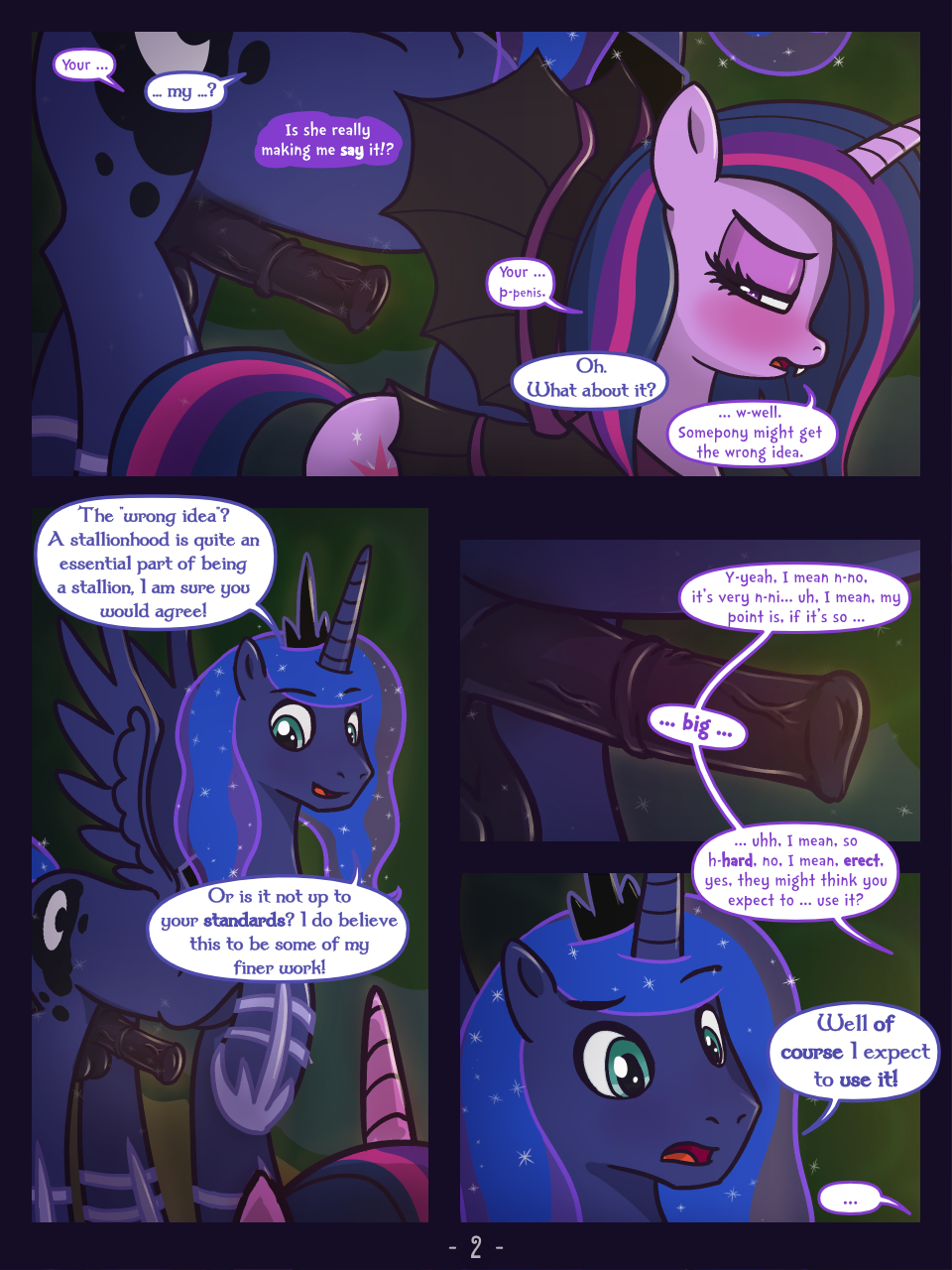 2019 5_panel_comic alicorn animal_genitalia animal_penis balls blush clothed clothing comic costume dialogue duo english_dialogue english_text equid equine_penis erection feathered_wings feathers female feral friendship_is_magic furaffinity halloween hi_res holidays horn horsecock mammal my_little_pony night open_mouth outside page_2 penis pony princess_luna_(mlp) rule_63 syoee_b talking_to_another text twilight_sparkle_(mlp) wings