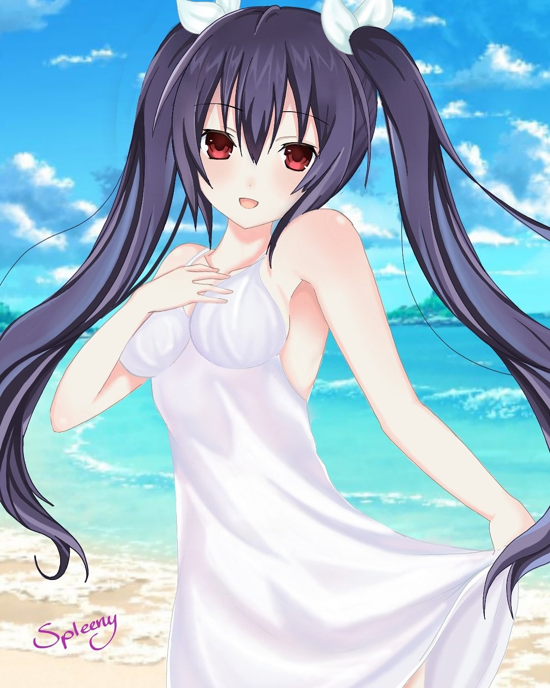 beach black_hair blush dress highres long_hair neptunia_(series) noire red_eyes spleeny tsundere twintails white_dress