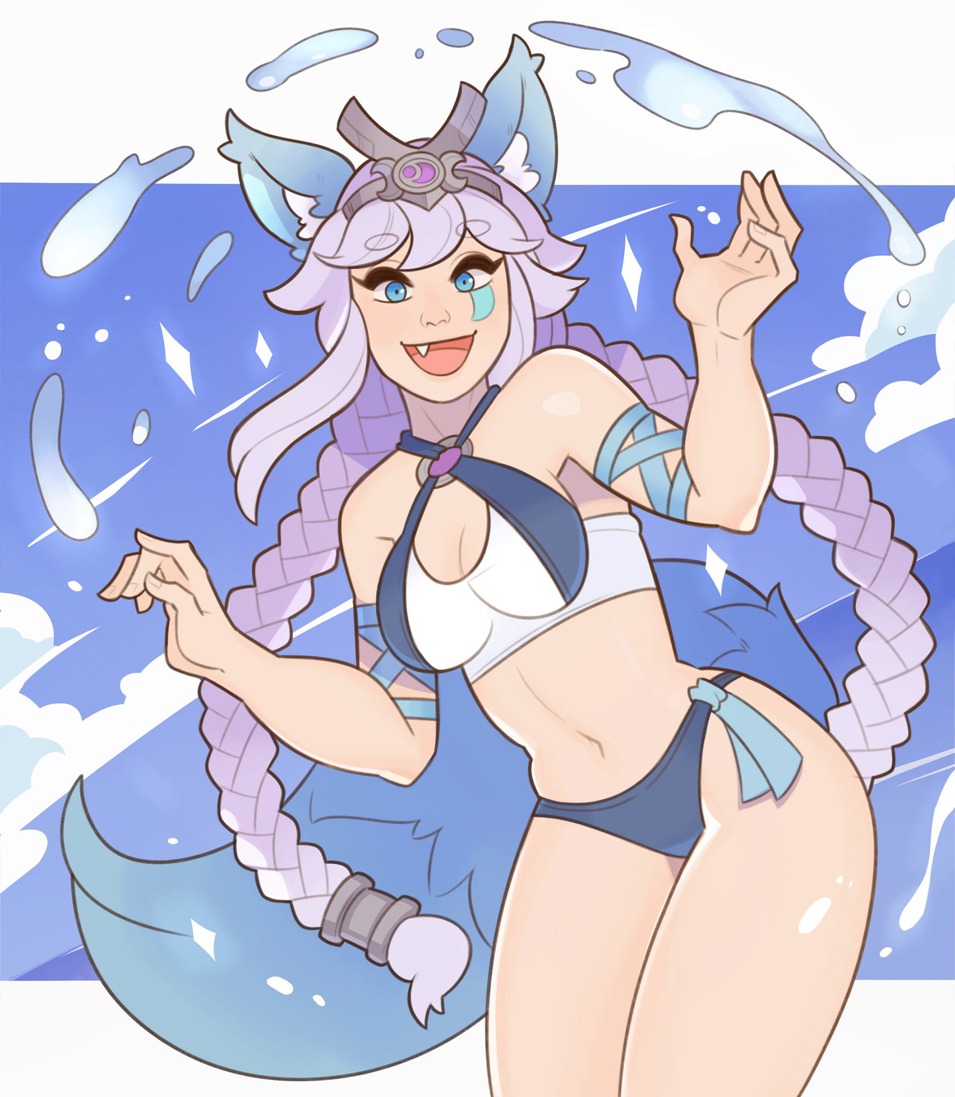 1girls, alternate costume, animal ears, beach, bikini, bra, braid, braided hair, braided twintails, fang, female, female focus, female only, goddess, hi-rez studios, io (paladins), light skin, light-skinned female, ocean, paladins, panties, solo, splashbrush, tail, twintails, water, white hair