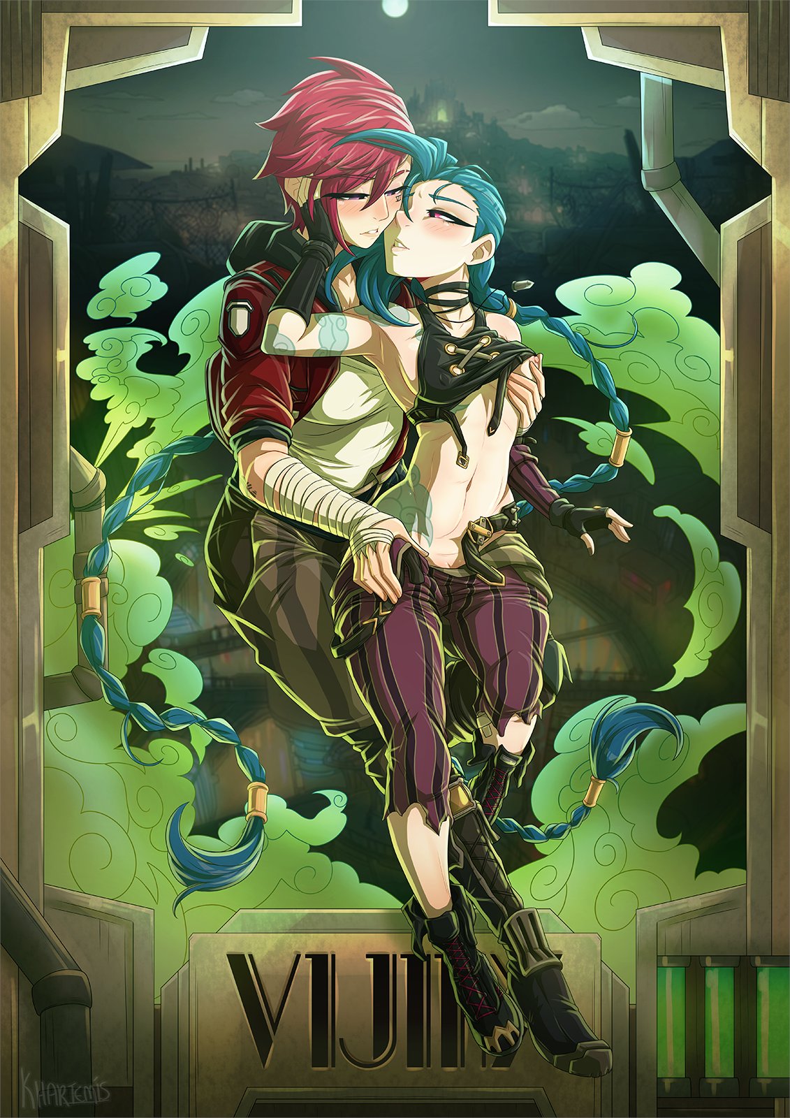 2d, 2girls, abs, arcane, arcane jinx, arcane vi, armpits, athletic, athletic female, blue hair, blush, braided hair, braids, breasts, clothed, couple, eye contact, female, female only, groping, groping breasts, groping from behind, in love, incest, jinx (league of legends), khartemis, league of legends, long hair, looking at another, love, passionate, pink eyes, pink hair, purple eyes, romantic, short hair, siblings, sisters, tattoo, tattoos, undressing, very long hair, vi, yuri