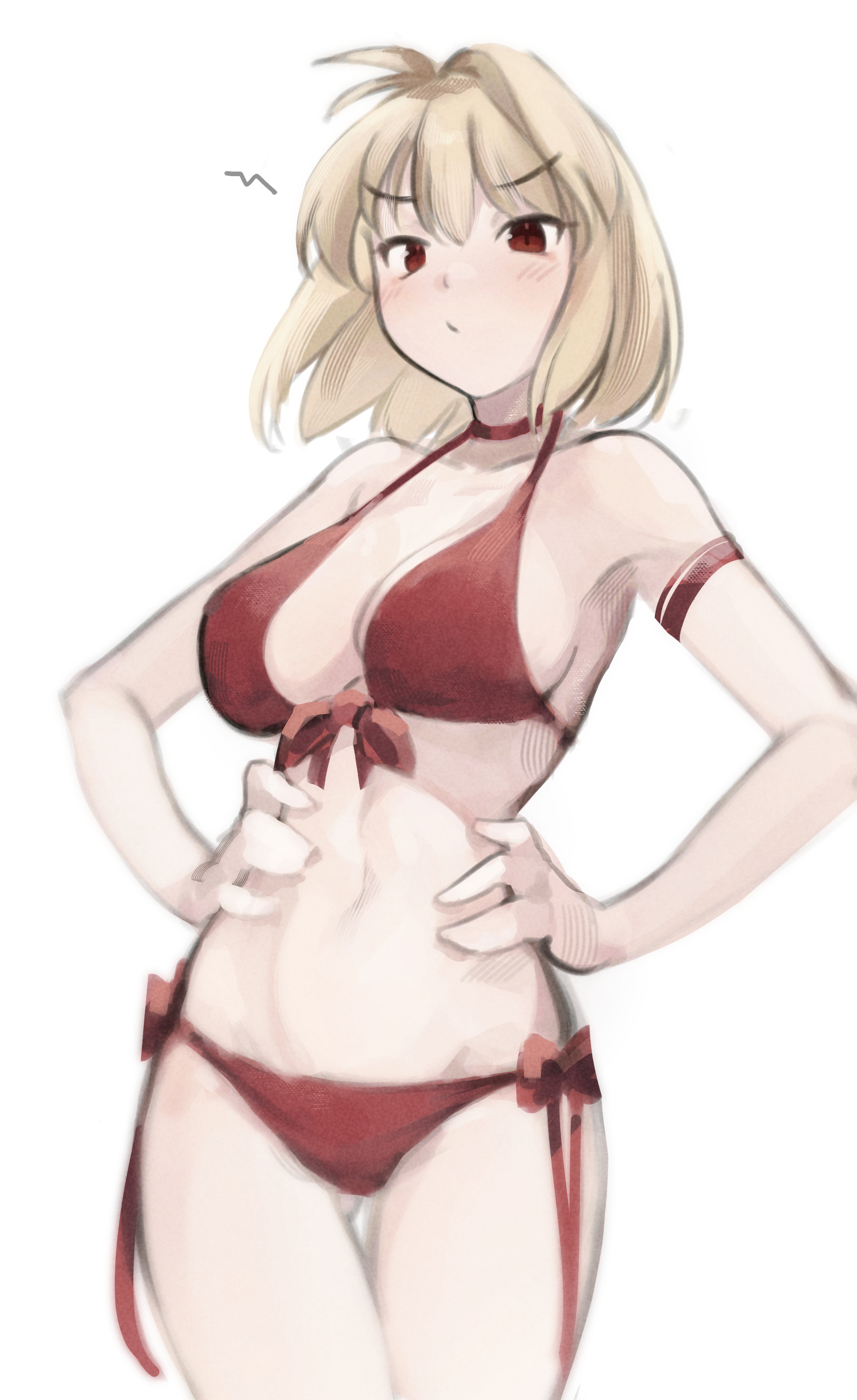 absurdres, arcueid brunestud, bare shoulders, bikini, blonde hair, blush, breasts, choker, cleavage, deko morii, female, highres, large breasts, looking at viewer, navel, red bikini, red eyes, short hair, solo, swimsuit, thighs, tsukihime, type-moon