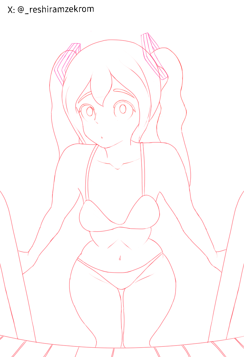 anime_style bikini bikini_bra blue_hair bra clavicl3 clavicle clavicles eyelashes green_hair hatsune_miku hatsune_miku_(collared_bikini) line_art looking_at_viewer miku navel nsfw pigtails pool red_lineart reshiram_zecrom sfw sketch small_breasts straight_eyelashes straight_hair thick_thighs thin_eyebrows twintails twitter twitter_username vocaloid water wip