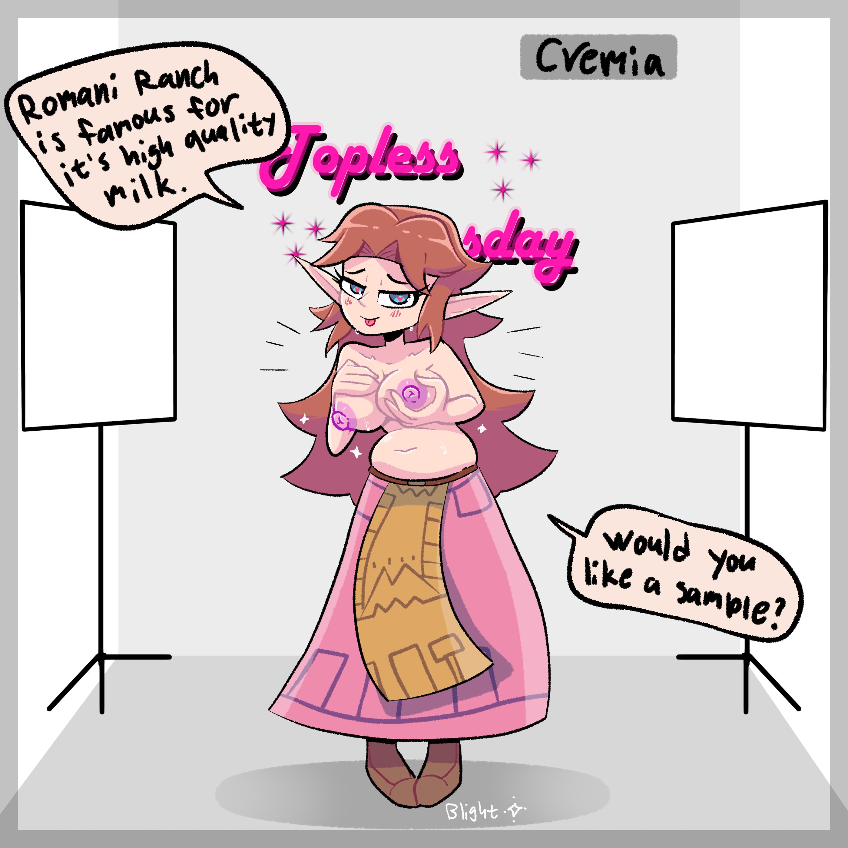 1girls, blightstar, breasts, brown hair, cremia, dialogue, english text, eyes visible through hair, female, grabbing own breast, groping breasts, groping self, hand on own breast, hylian, inviting to suck, large breasts, long ears, long hair, long skirt, majora's mask, photo shoot, photo studio, presenting breasts, solo, speech bubble, standing, studio, tagme, the legend of zelda, tongue, tongue out, topless, topless tuesday