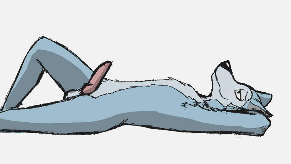 2019 anthro balls beastars canid canine canis digital_media_(artwork) erection fur grey_body grey_fur legoshi_(beastars) lying male male/male male_only mammal nude relaxing simple_background smallsavant smile wolf