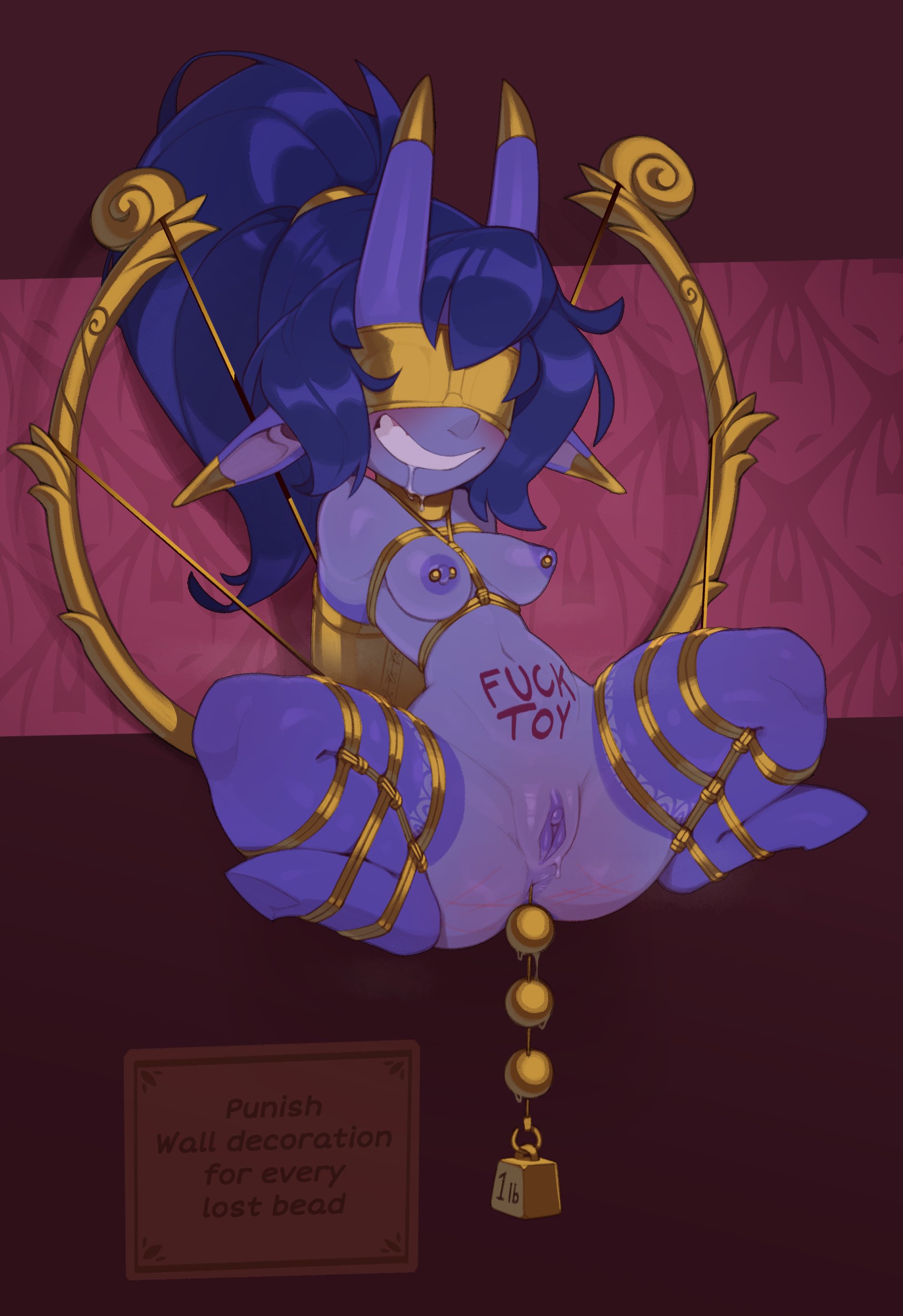 1girls, anal beads, anus, areolae, blindfold, blue hair, blush, bondage, bound, breasts, completely nude, drooling, female, female only, gold (metal), gold anal beads, gold piercings, hi res, horns, huffslove, imp, long hair, nipple piercing, nipples, nude, nude female, original, original character, piercing, pointy ears, ponytail, public use, purple skin, pussy, shortstack, small breasts, solo, teeth clenched, thick thighs, vee (huffslove), whip marks, whipped ass, writing on body