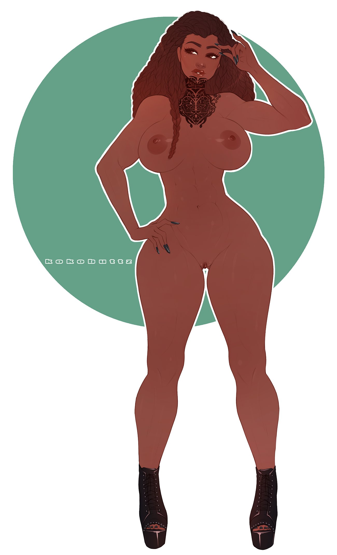1girls, areolae, big breasts, breasts, dark skin, dark-skinned female, female, female only, kokobuttz, large breasts, naked footwear, naked with shoes on, nipples, nude, pussy, solo, thick thighs, wide hips
