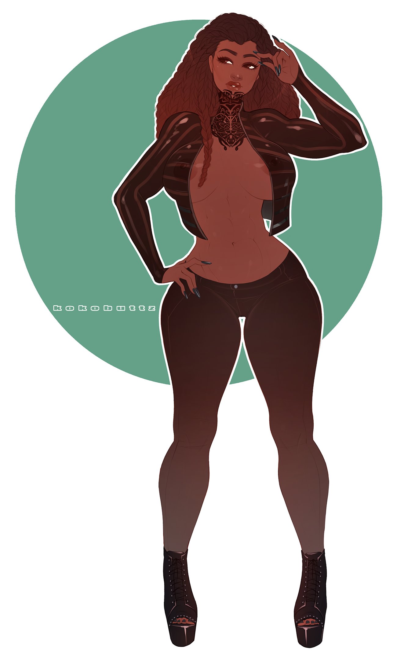 1girls, big breasts, breasts, cleavage, dark skin, dark-skinned female, female, female only, hair braid, jeans, kokobuttz, large breasts, midriff, solo, solo female, thick thighs, tight clothing, wide hips