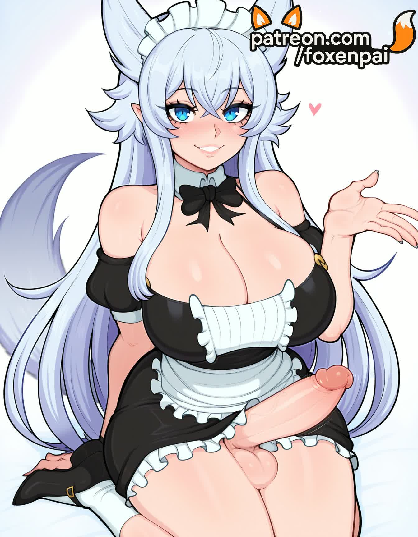 1futa, 2025, ai generated, artist name, balls, blue eyes, blush, breasts, bust, chest, cock, dick, erection, eyebrows visible through hair, fenrys, foreskin, foxenpai, futanari, hi res, high quality, high resolution, highres, intersex, large penis, large testicles, long hair, lv2 kara cheat datta motoyuusha kouho no mattari isekai life, maid, maid headdress, patreon, patreon username, penis, precum, smile, solo, stable diffusion, tail, testicles, tight foreskin, uncensored, uncircumcised, veiny penis, watermark, white apron