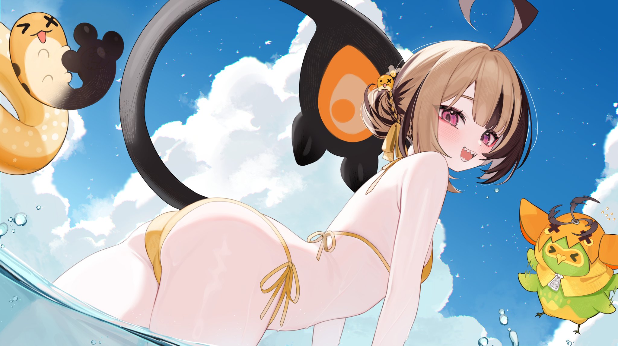 1girls, ahoge, ass, back, beach, bent over, bikini, breasts, female, gigi murin, grem (gigi murin), hair bun, hololive, hololive english, hololive english -justice-, hoshi usagi, looking at viewer, looking back, petite, sharp teeth, side-tie bikini, side-tie panties, skimpy, skimpy bikini, small breasts, solo, swimsuit, tail, virtual youtuber, vtuber, water