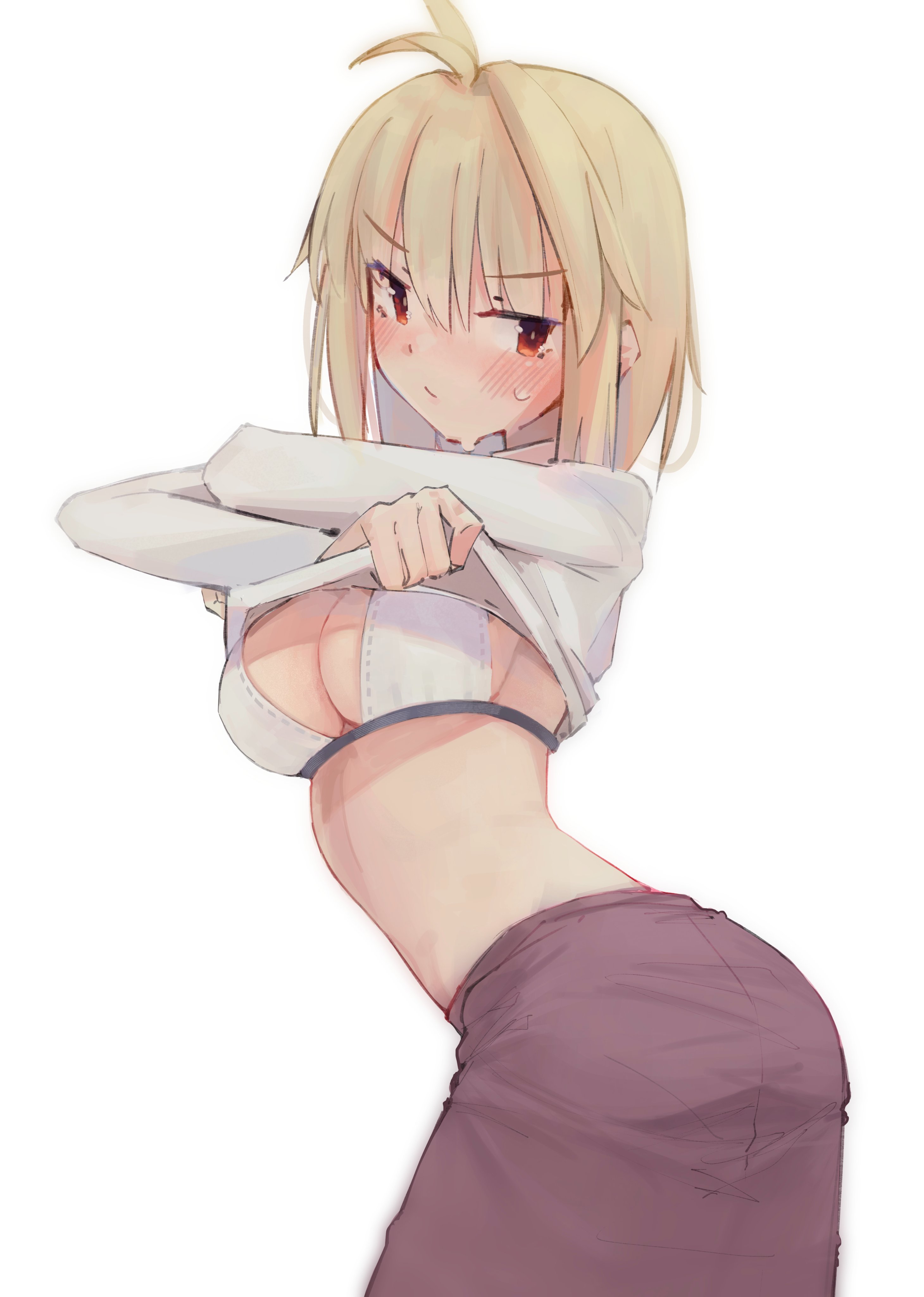 absurdres, arcueid brunestud, blonde hair, blush, bra, breasts, cleavage, clothes lift, deko morii, female, highres, large breasts, long sleeves, looking at viewer, purple skirt, red eyes, shirt, short hair, skirt, solo, tsukihime, type-moon, underwear, white bra, white shirt