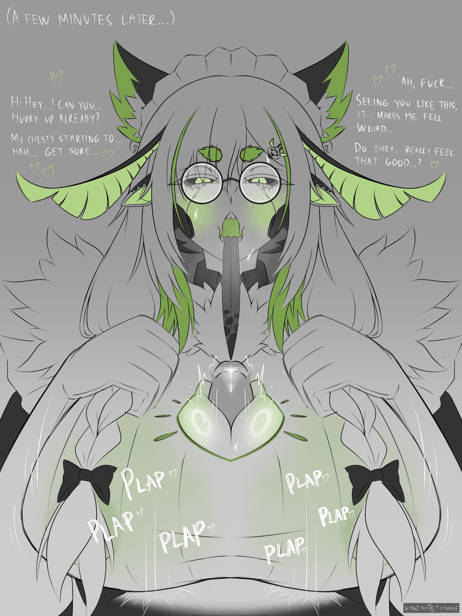 1boy, 1girls, antennae (anatomy), artist name, black sclera, braids, breasts, dialogue, english text, eyewear, female, female focus, glasses, green eyes, indie virtual youtuber, juniper (egocider), juniper actias, kinesixtynine, large breasts, long tongue, male, moth girl, paizuri, paizuri under clothes, partial male, penis, penis between breasts, round glasses, text, tongue, tongue out, twin braids, unseen male face, virtual youtuber