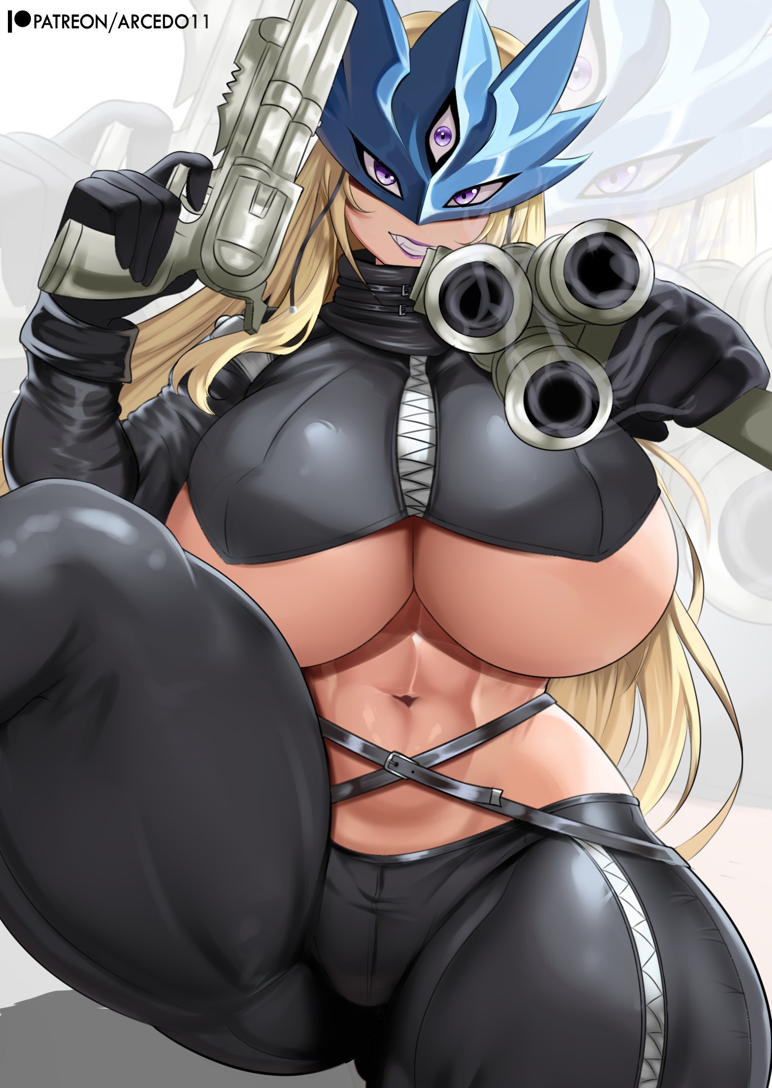 1girls, 2025, abs, aiming, aiming at viewer, arcedo, bandai namco, beelstarmon, big breasts, blonde hair, bodysuit, breasts, cropped shirt, digimon, digimon (creature), digimon (species), digital art, digital drawing (artwork), eye mask, female, finger on trigger, gun, high resolution, highres, holding, holding gun, holding object, huge breasts, large breasts, latex, latex clothing, lipstick, makeup, mask, mature female, mature woman, milf, monster, monster girl, muscular, muscular female, navel, purple lipstick, revealing clothes, revealing outfit, seductive, sitting, smile, smoke, smoking barrel, tagme, thick, thick thighs, thighs, tight clothing, underboob, voluptuous, voluptuous female, weapon, zoom layer
