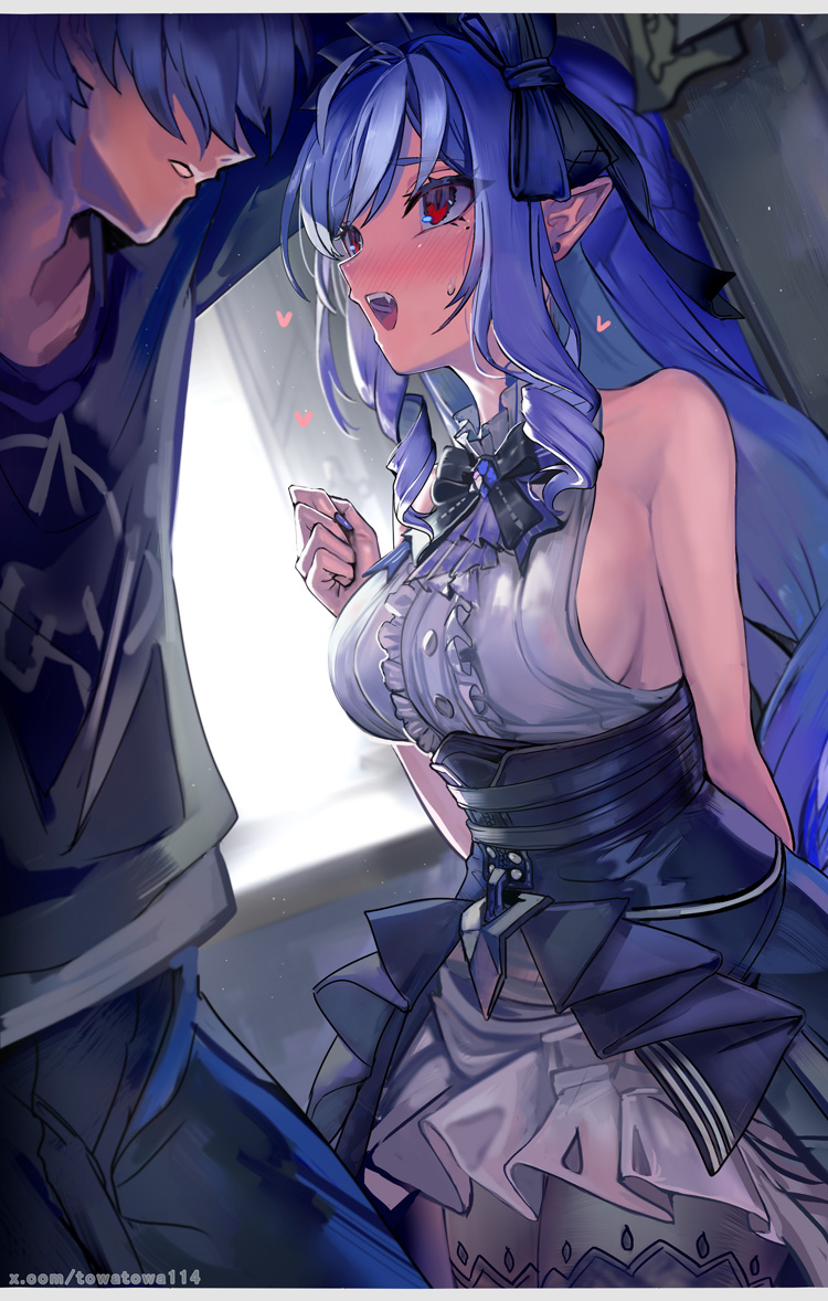 1boy, 1girls, bare shoulders, black pantyhose, blush, breasts, clenched hand, commentary request, female, grey hair, heart, large breasts, long hair, male, mole, mole under eye, oerba yun fang, paid reward available, pantyhose, pointy ears, purple nails, red eyes, sideboob, sleeveless, straight, sweatdrop, teeth, textless version, towatowa114, vivian (zenless zone zero), vivian banshee, wise (zenless zone zero), zenless zone zero
