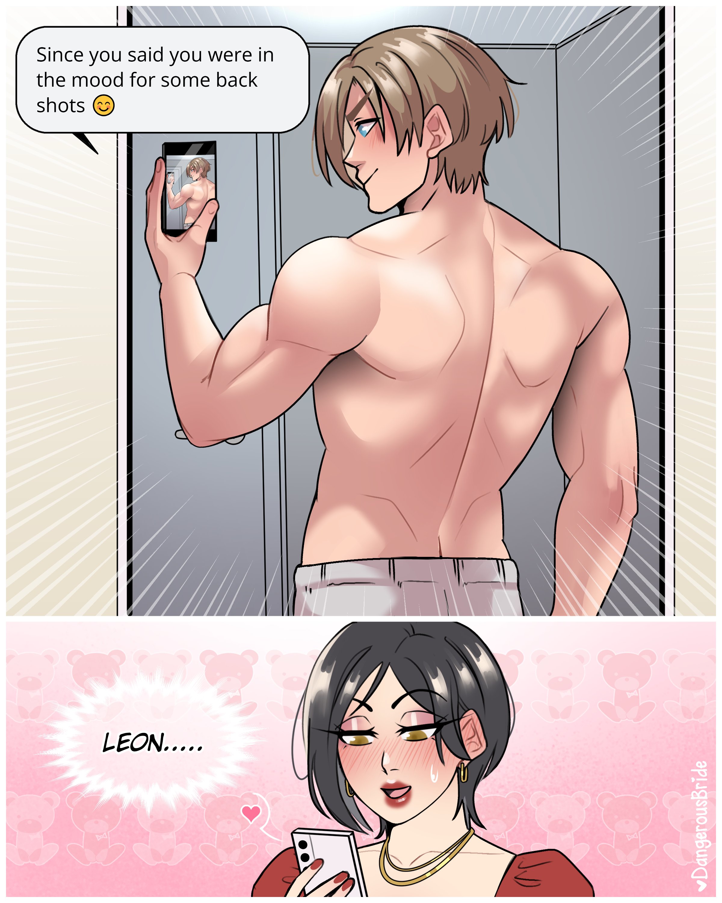 1boy, 1girls, ada wong, ada wong (adriana), back, back view, black hair, blue eyes, blush, brown eyes, brown hair, capcom, dangerousbride, dialogue, english text, female, heart, himbo, leon scott kennedy, male, mirror selfie, phone, phone screen, red lipstick, resident evil, resident evil 2, resident evil 2 remake, selfie, text, text bubble, toned, toned body, toned male, very high resolution
