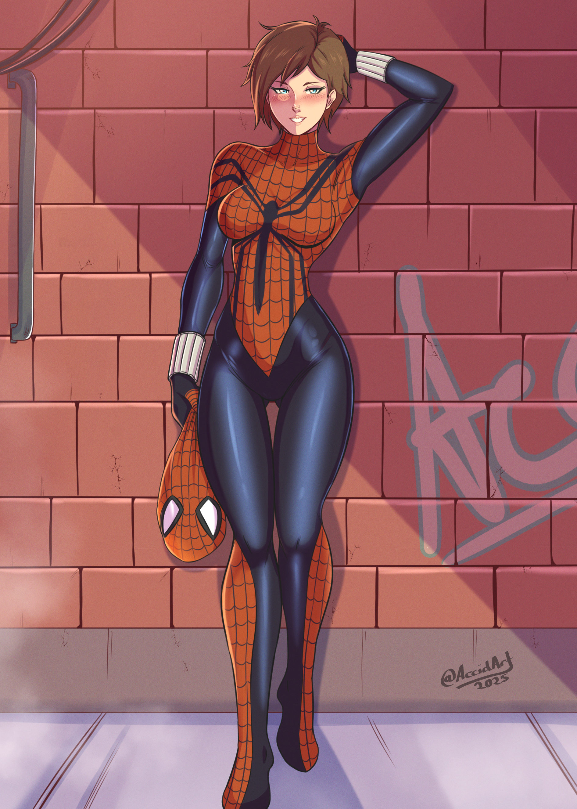 1girls, accidart, arms behind head, blue eyes, bodysuit, brown hair, commission, female, fit female, fully clothed, highres, leaning against wall, looking at viewer, marvel, marvel comics, mayday parker, self upload, series, spider-girl, spider-man (series), standing, superheroine, twitter username