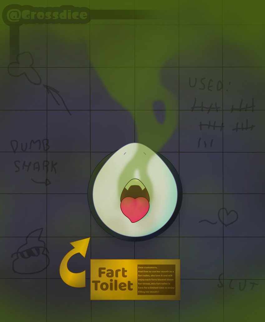 absurd res, anthro, arrow sign, bathroom, black outline, bondage, bound, defeated, digital media (artwork), eating farts, english text, fart, fart cloud, fart fetish, fart torture, farting in mouth, female, fish, free use, glory hole, graffiti, grossdice, heart symbol, hi res, humiliation, instant loss 2koma, marine, nicky (grossdice), open mouth, outline, public restroom, public use, punishment, shark, sharp teeth, sign, smelly, solo, stink fumes, stink lines, story, story in description, tally marks, teeth, text, through wall, tongue, tongue out, twitter handle, user counter, western tally marks