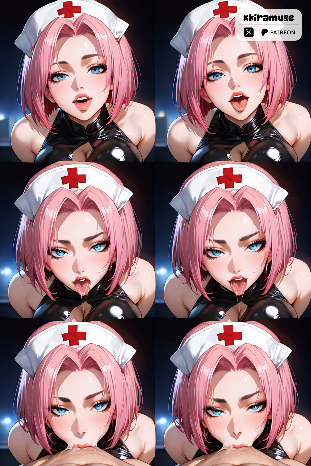 1boy 6girls ai_generated anus ass balls_deep blowjob blowjob_face deepthroat deepthroat_no_hands female gloves latex latex_clothing latex_gloves leather looking_at_viewer male nurse nurse_cap nurse_clothing nurse_hat nurse_outfit nurse_uniform pink_hair pussy sex short_hair spreading spreading_ass spreading_pussy thigh_highs vagina