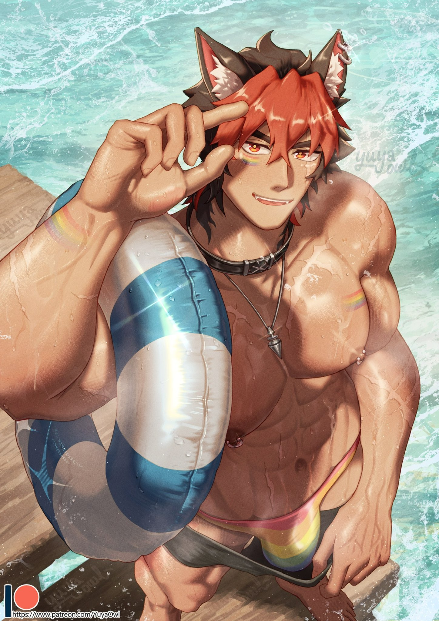 1boy, abs, animal ears, bara, big bulge, big pecs, bulge, flaccid, komano manato, male, male focus, male only, male swimwear, muscular, muscular male, necklace, nipples, pecs, pierced nipples, piercing, rainbow pride colors, solo, swimwear, yaoi, yuya owl, yuyaowl, zenless zone zero