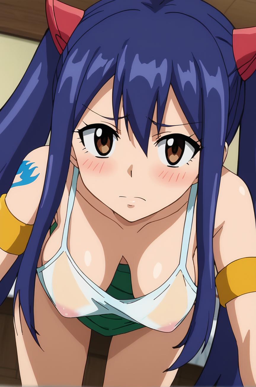 1girls, aged up, ai generated, arm strap, armband, armlet, bangs, bare shoulders, blue hair, blue tattoo, blue-haired female, blush, breasts, brown eyes, cleavage, collarbone, covered nipples, eyebrows visible through hair, fairy tail, fairy tail mark, female, hair between eyes, leaning forward, long hair, medium breasts, see-through, shoulder tattoo, solo, tank top, tattoo, twintails, wendy marvell, wet clothes