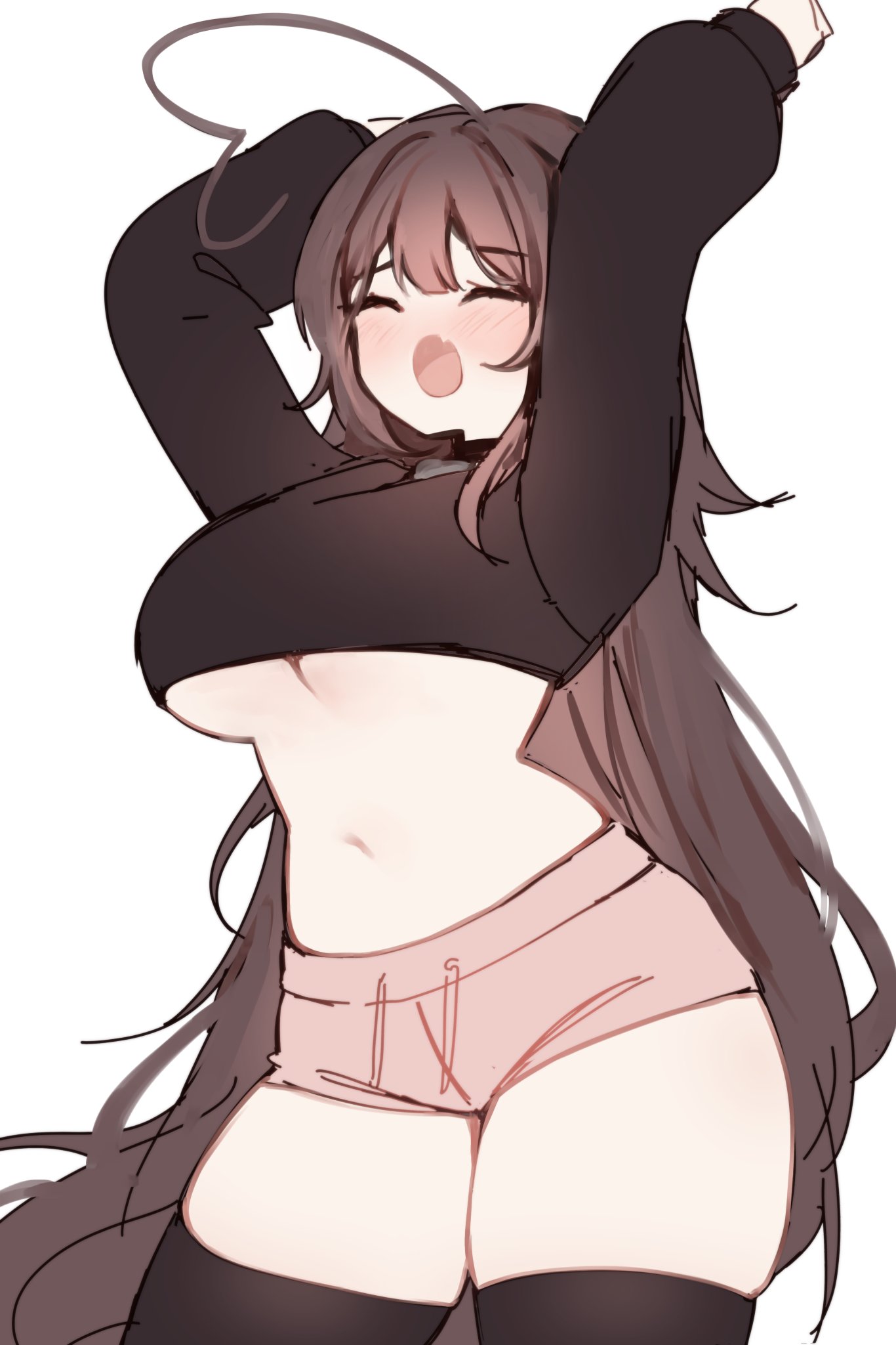 1girls, 2d, arms above head, arms up, big breasts, breasts, cleavage, digital media, female, female only, large breasts, light skin, light-skinned female, original, sky (skyaboveme), skyaboveme, solo, stretching, underboob, virtual youtuber, yawn