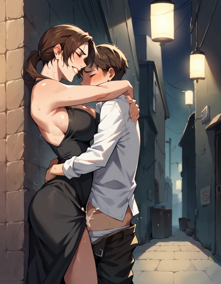1boy 1girls against_wall age_difference ai_generated alley armpits breast_press busty closed_eyes clothed clothed_sex cum_in_pussy dress female femdom hug implied_sex lara_croft male night older_female older_female_and_younger_male orgasm pants_down pants_pull rtxfus rtxfus34 standing standing_missionary standing_sex sweat tomb_raider young younger_male